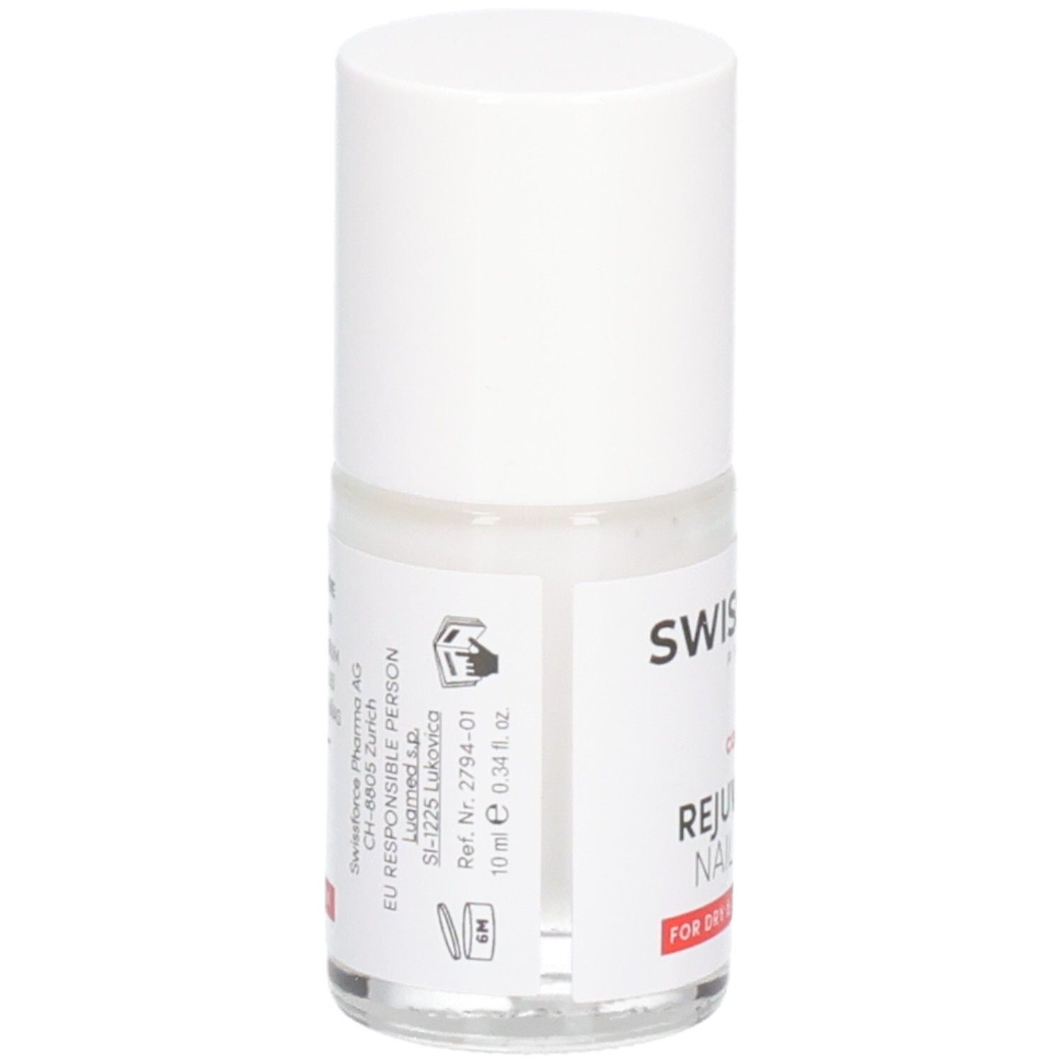 Flacon de sérum pour ongles. Swissforce Pharma. Bouchon blanc, flacon transparent. Texte: Rejuvenating Nail Serum. 10 ml.