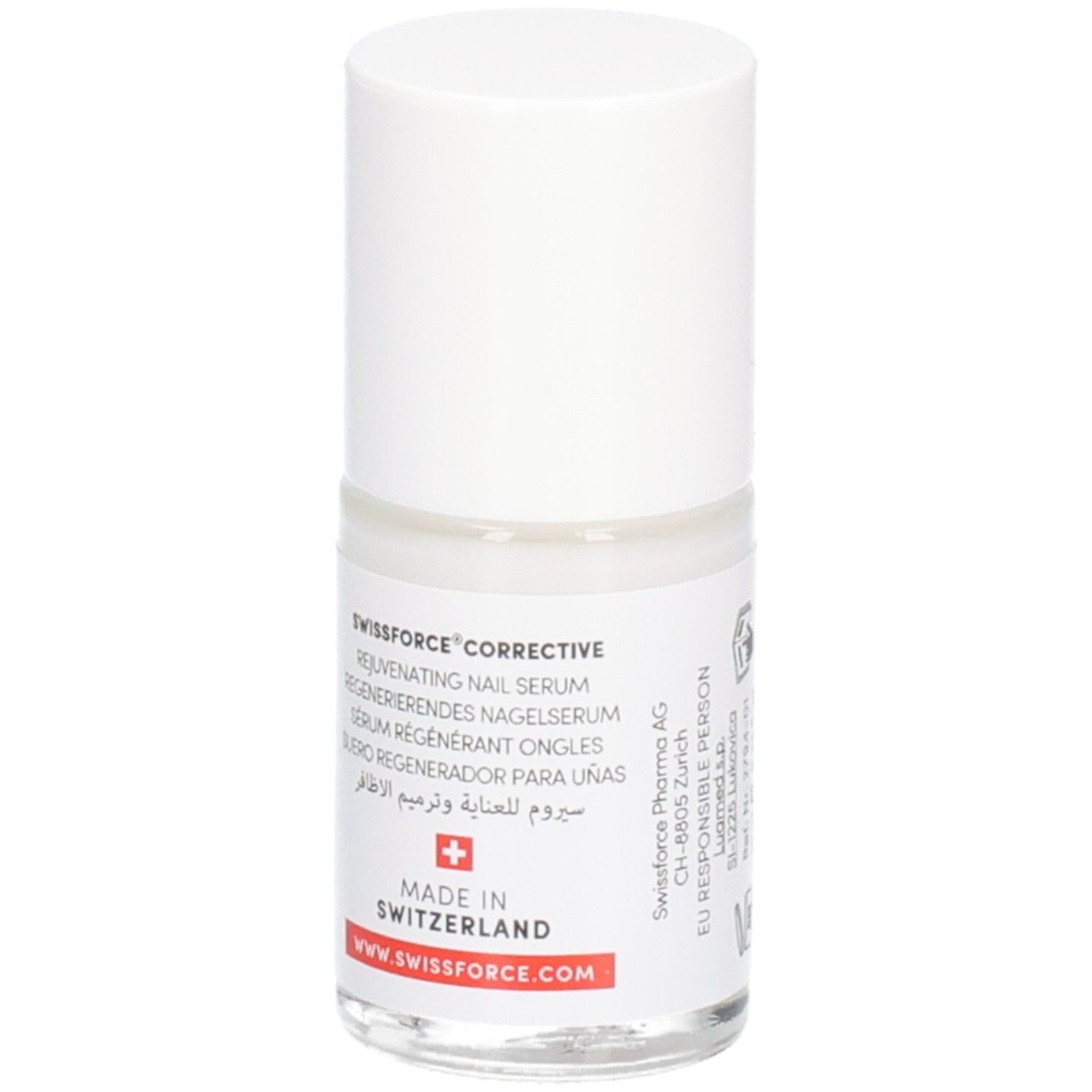 Flacon de sérum pour ongles. Swissforce Pharma. Bouchon blanc, flacon transparent. Texte: Rejuvenating Nail Serum. Fabriqué en Suisse.