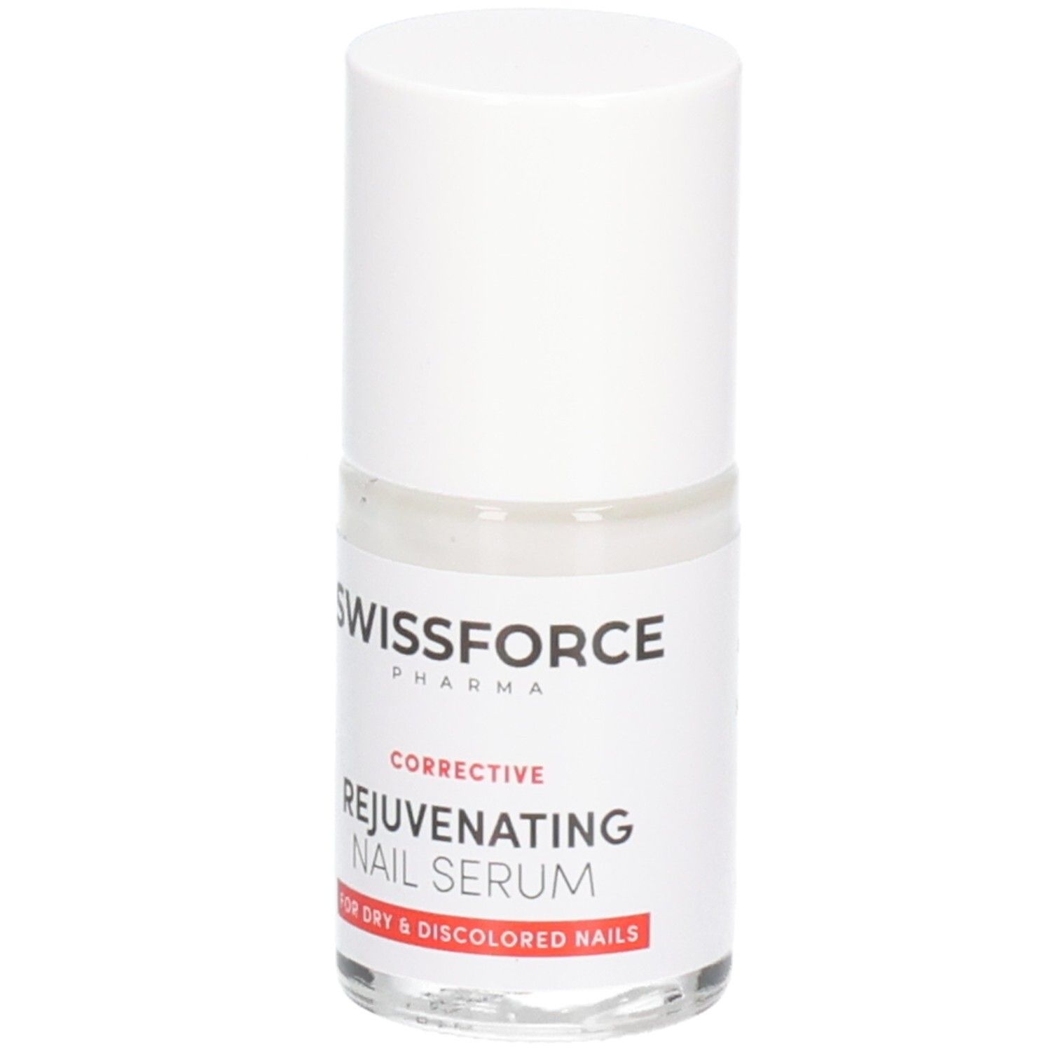 Flacon de sérum pour ongles. Swissforce Pharma. Bouchon blanc, flacon transparent. Texte: Rejuvenating Nail Serum. Pour ongles secs.