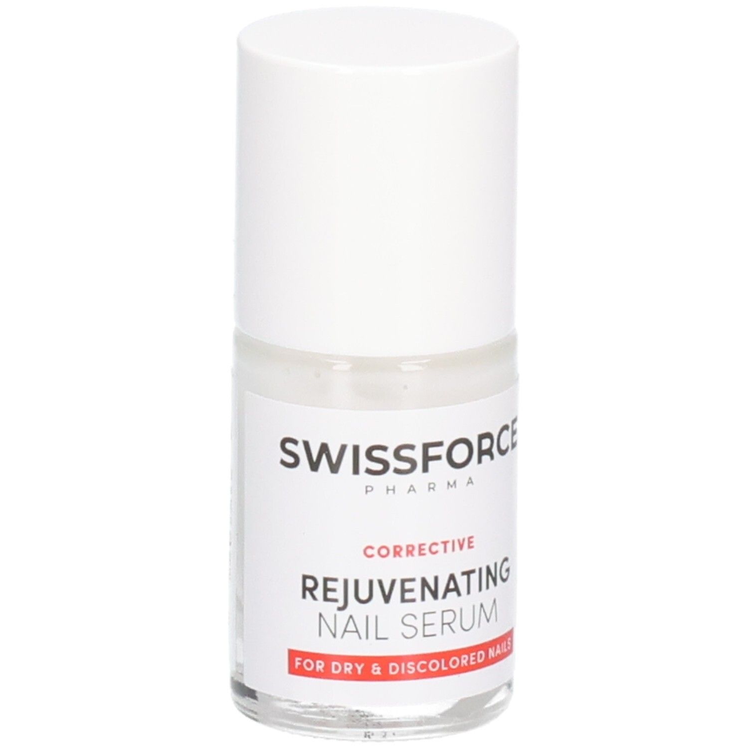 Flacon de sérum pour ongles. Swissforce Pharma. Bouchon blanc, flacon transparent. Texte: Rejuvenating Nail Serum. Pour ongles secs.
