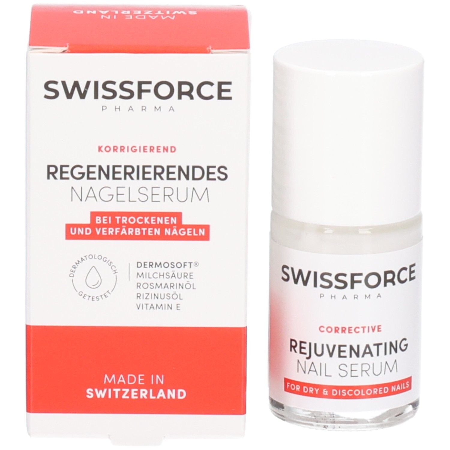 Flacon et boîte de sérum pour ongles. Swissforce Pharma. Texte: Sérum régénérant pour ongles. Pour ongles secs et décolorés.