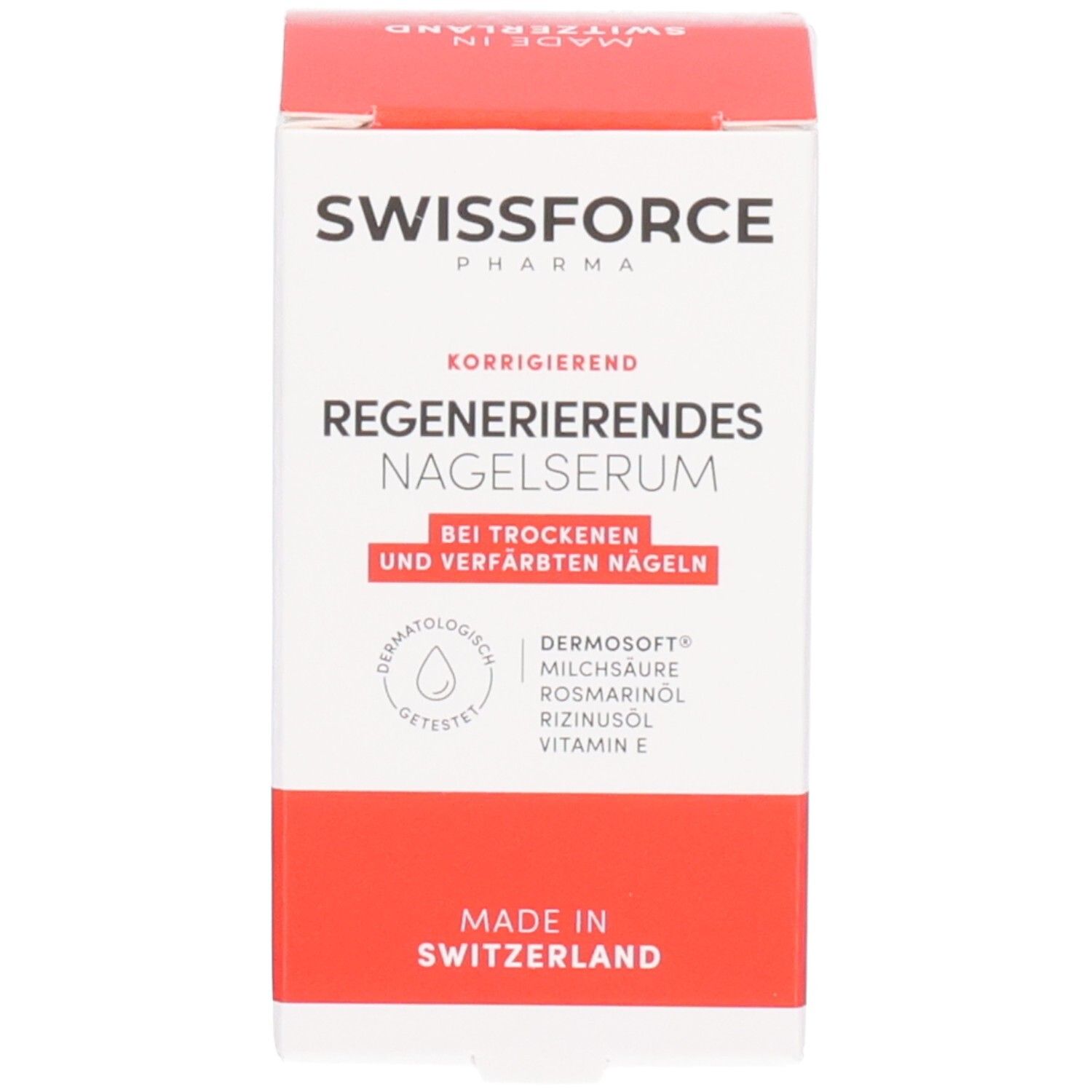 Boîte. Swissforce Pharma. Texte: Sérum régénérant pour ongles. Pour ongles secs et décolorés. Fabriqué en Suisse.