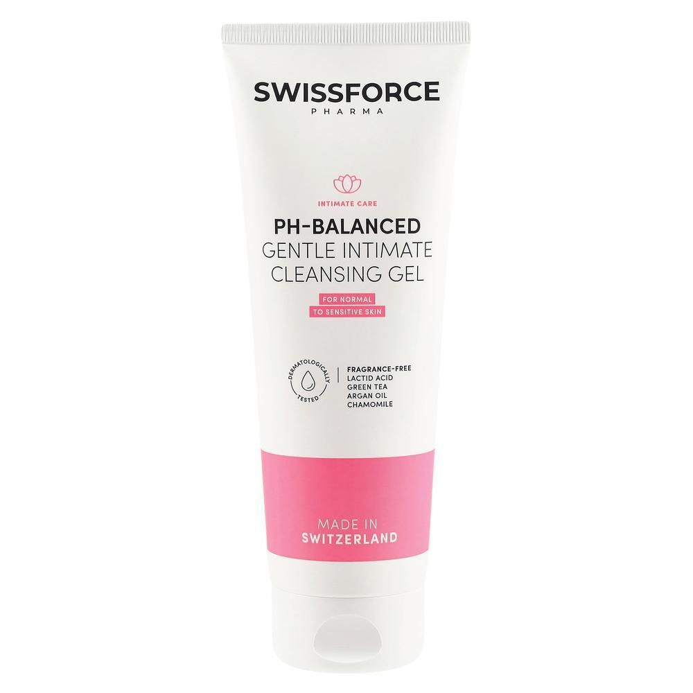 Tube blanche et rose. Texte: SWISSFORCE, PH-Balanced Gentle Intimate Cleansing Gel, pour peaux sensibles. Sans parfum. Logo.