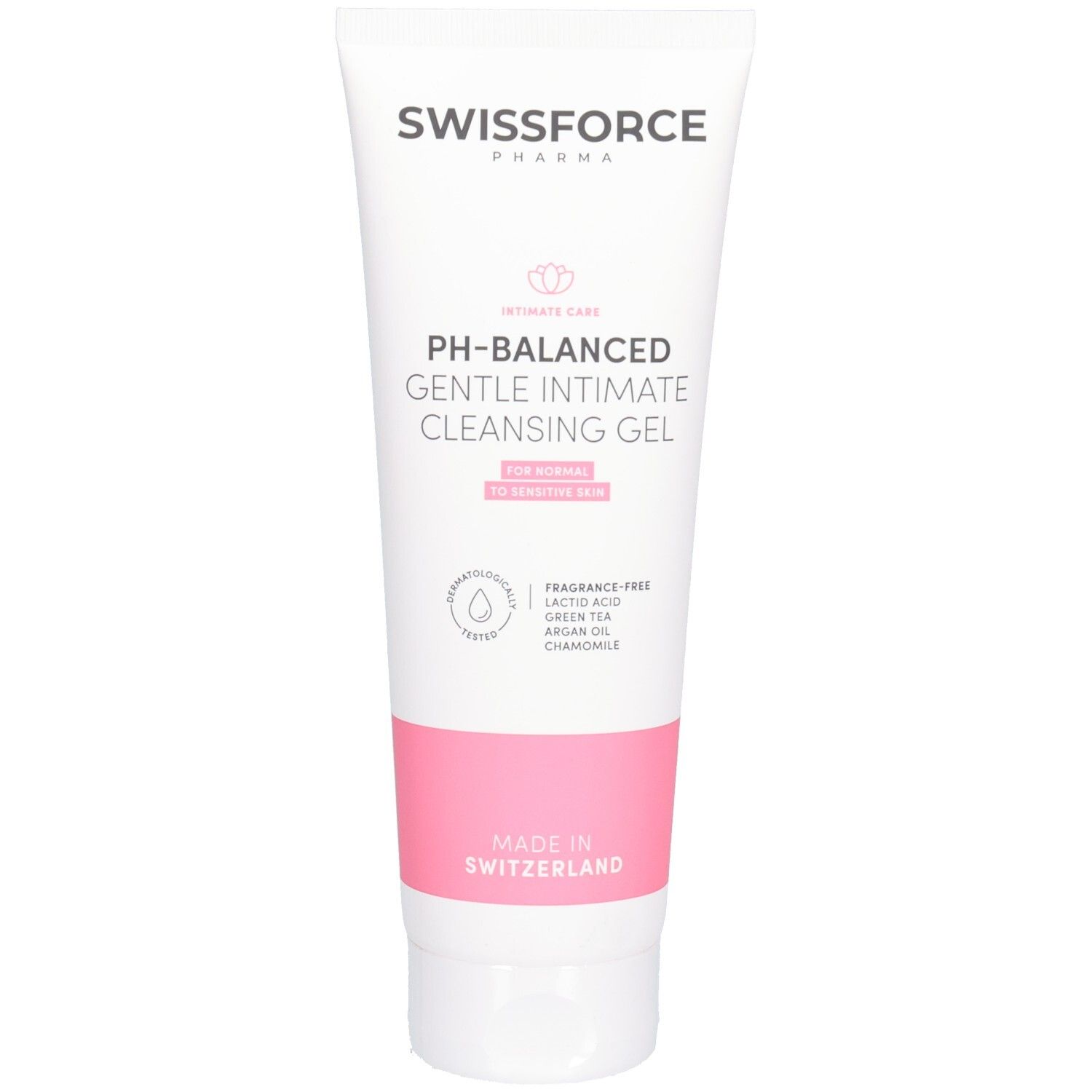 Tube blanche et rose. Texte: SWISSFORCE, PH-Balanced Gentle Intimate Cleansing Gel, pour peaux normales. Sans parfum. Logo.