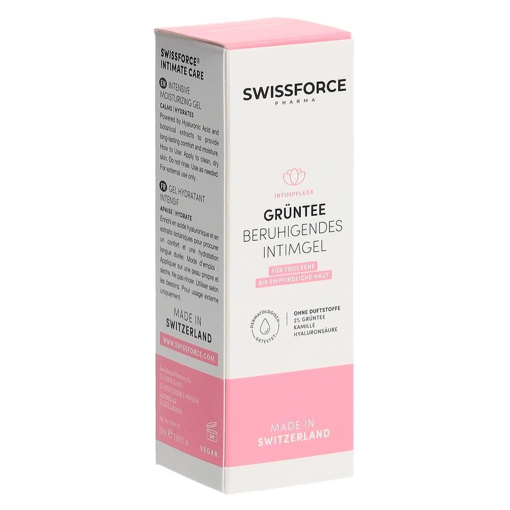 Emballage blanc et rose. Texte: SWISSFORCE, Soin intime, Gel intime apaisant au thé vert. Sans parfum. Végétalien. Fabriqué en Suisse.