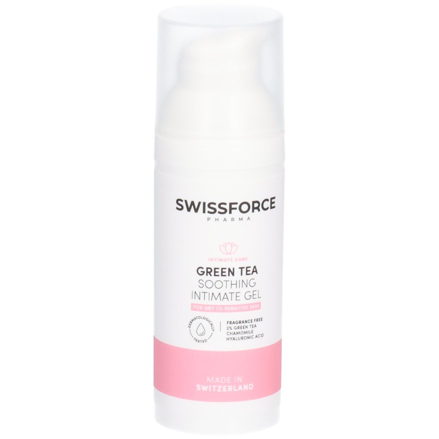 Gel intime apaisant SWISSFORCE GREEN TEA dans un flacon pompe.