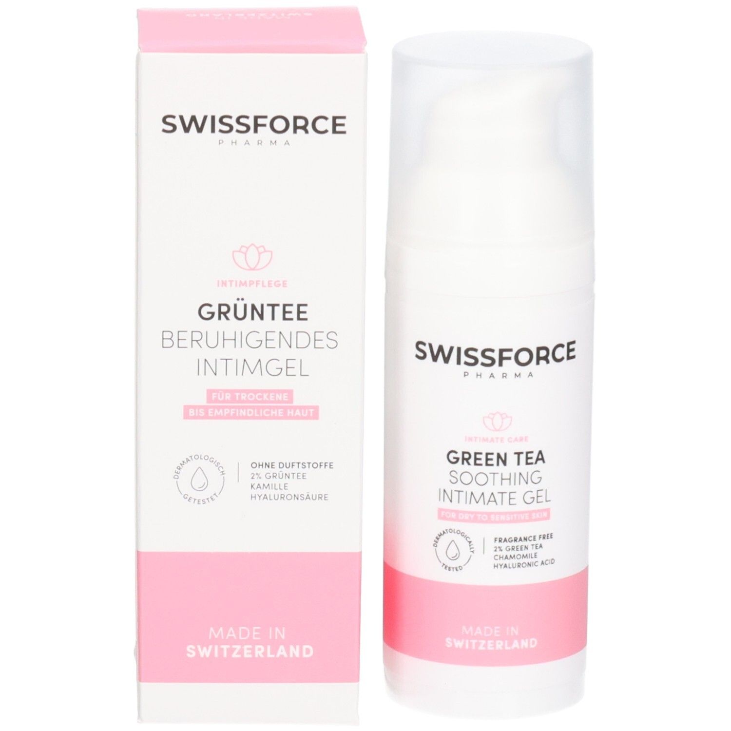 Produit et emballage. Flacon blanc et emballage rose et blanc. Texte: SWISSFORCE, Gel intime apaisant au thé vert. Végétalien. Fabriqué en Suisse.