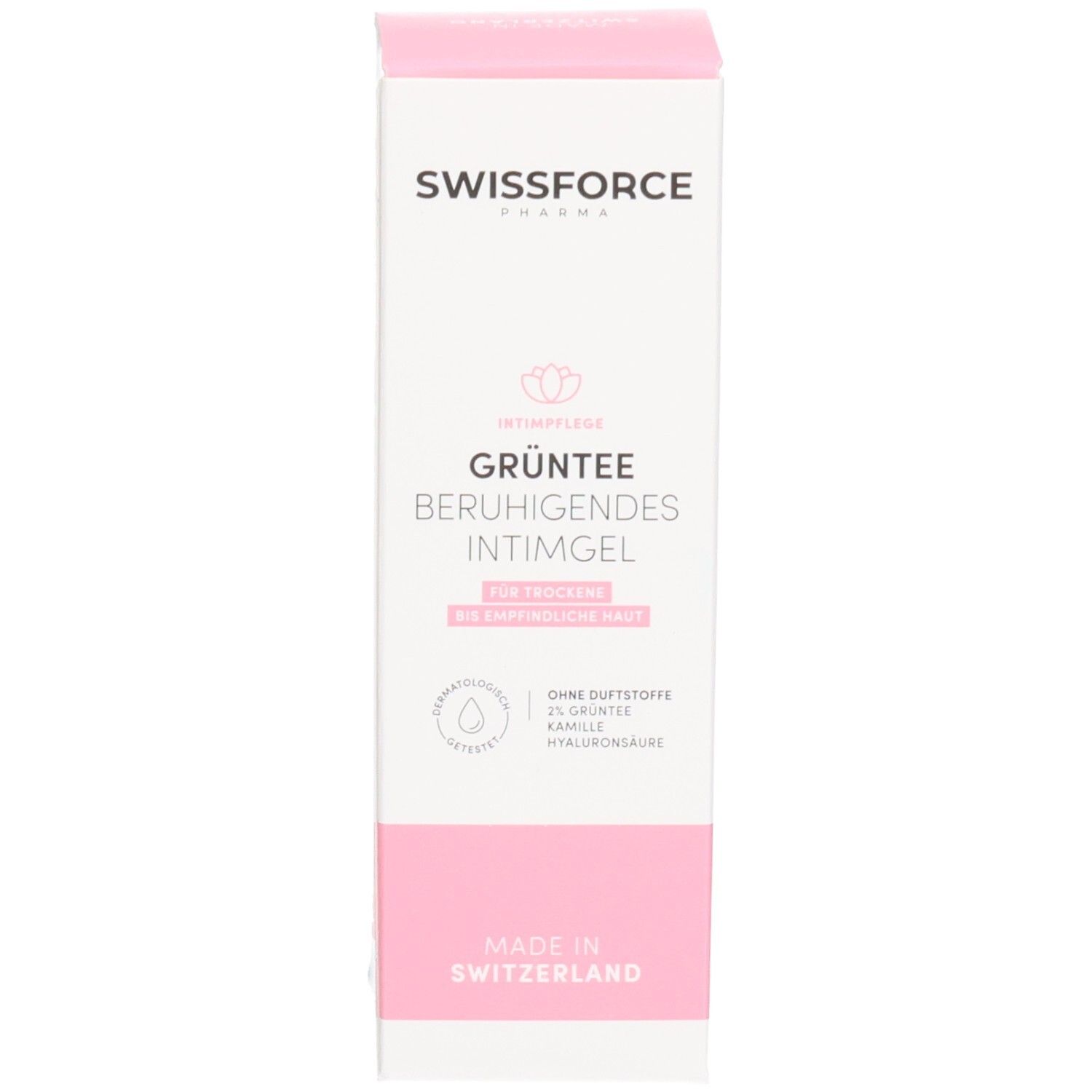 Emballage rose et blanc. Texte: SWISSFORCE, Gel intime apaisant au thé vert. Sans parfum. Végétalien. Fabriqué en Suisse.