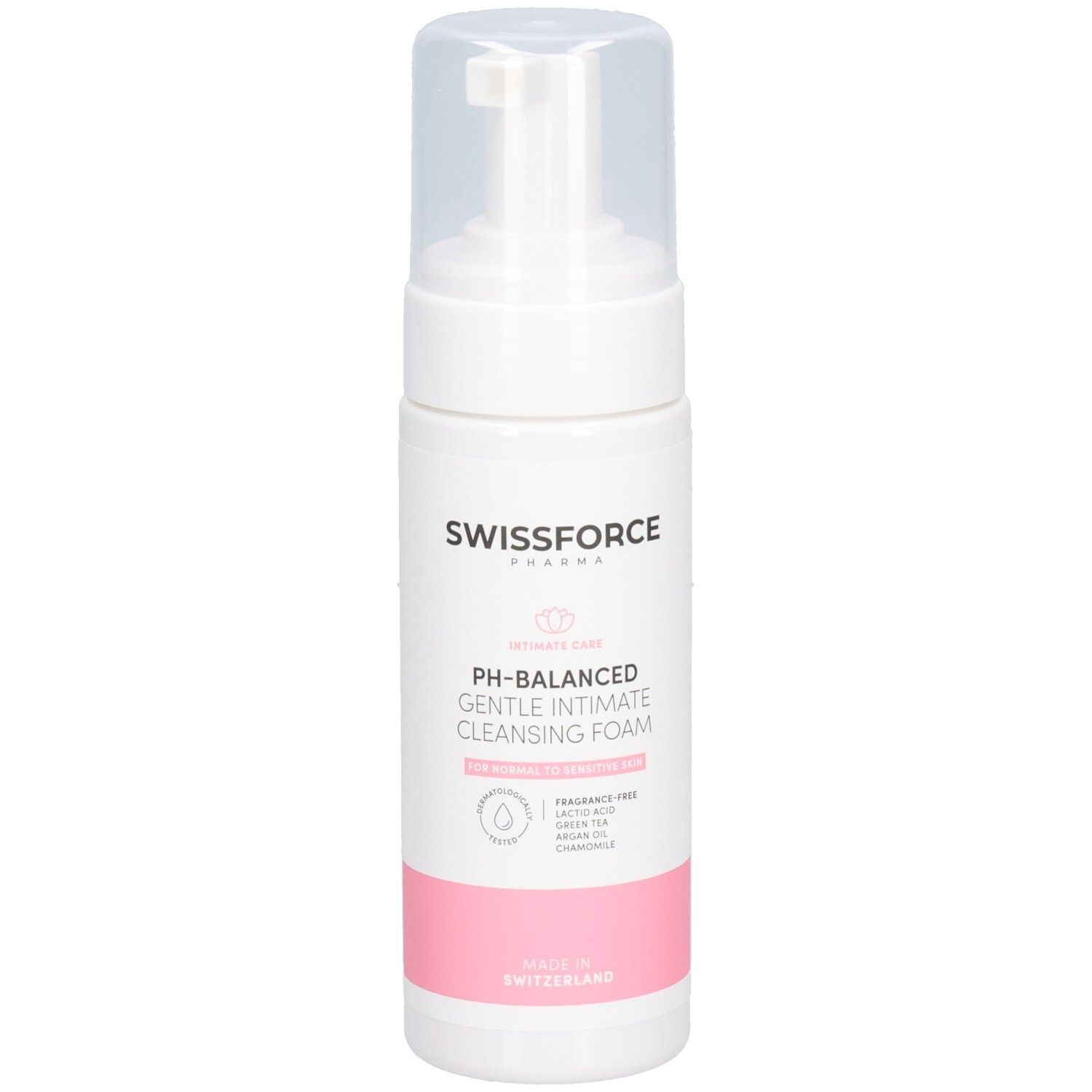 Flacon du gel nettoyant intime végétalien SWISSFORCE avec distributeur à pompe.