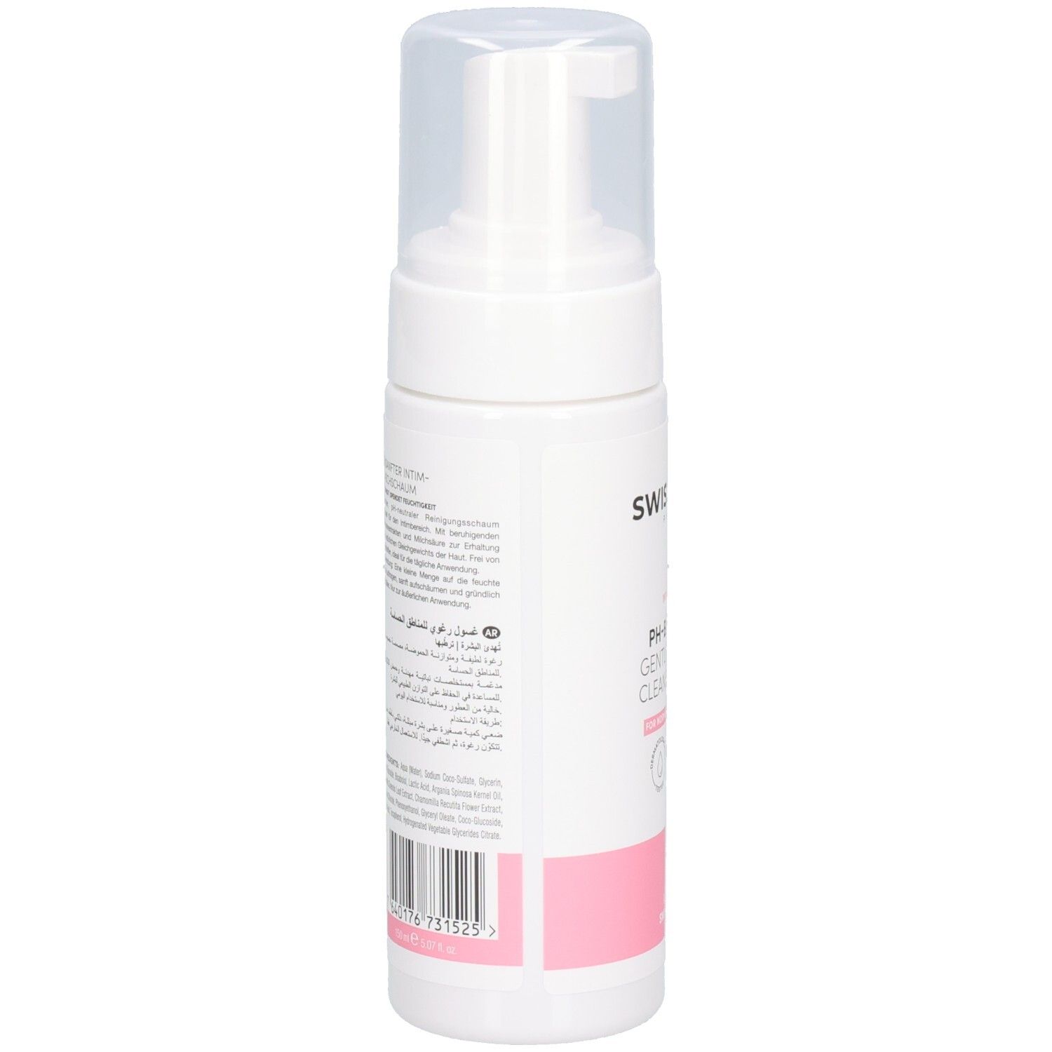 Arrière du flacon du gel nettoyant intime SWISSFORCE avec texte.