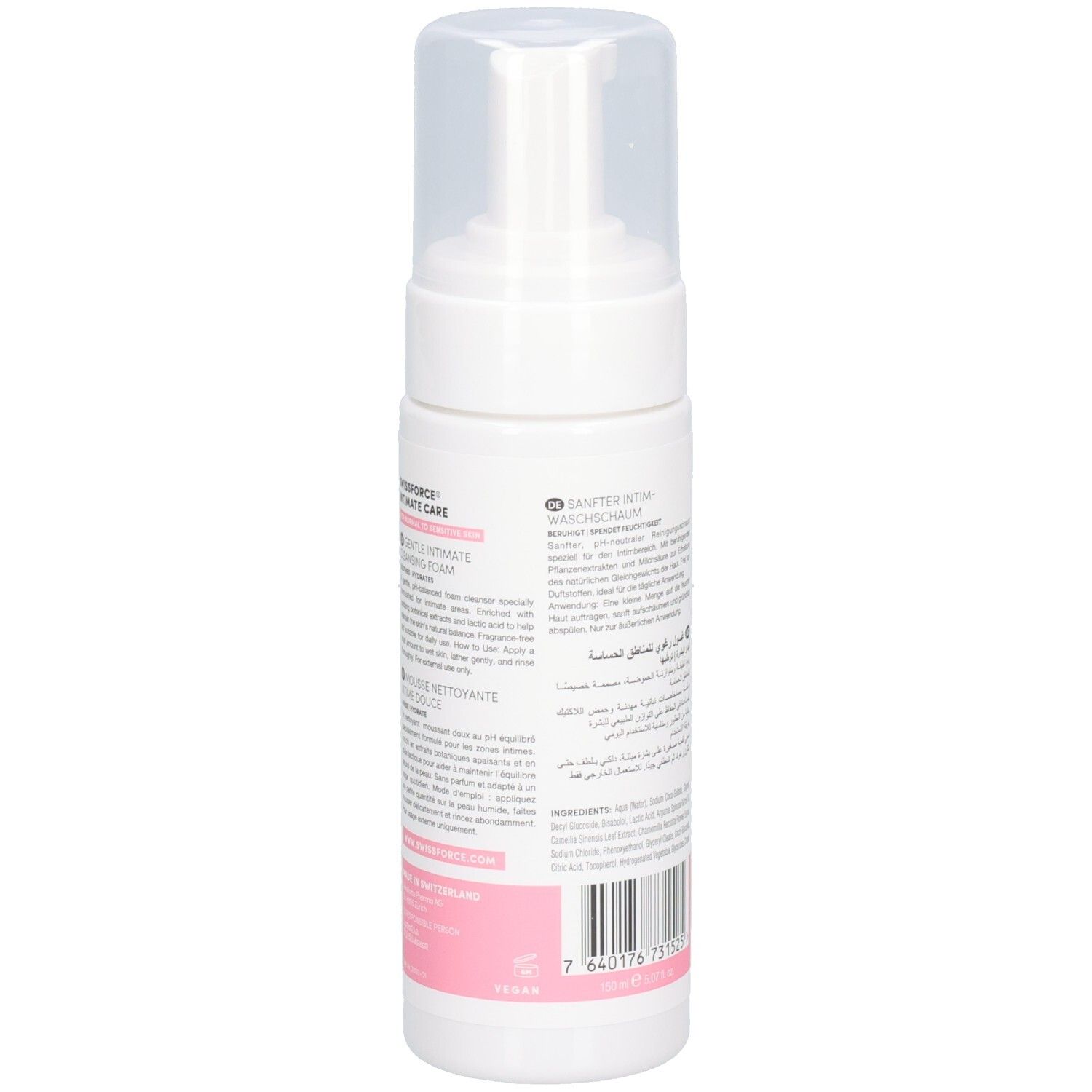 Arrière du flacon du gel nettoyant intime SWISSFORCE avec code-barres.