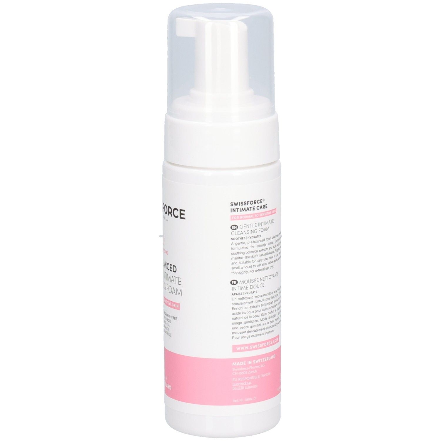Côté du flacon du gel nettoyant intime SWISSFORCE avec informations produit.