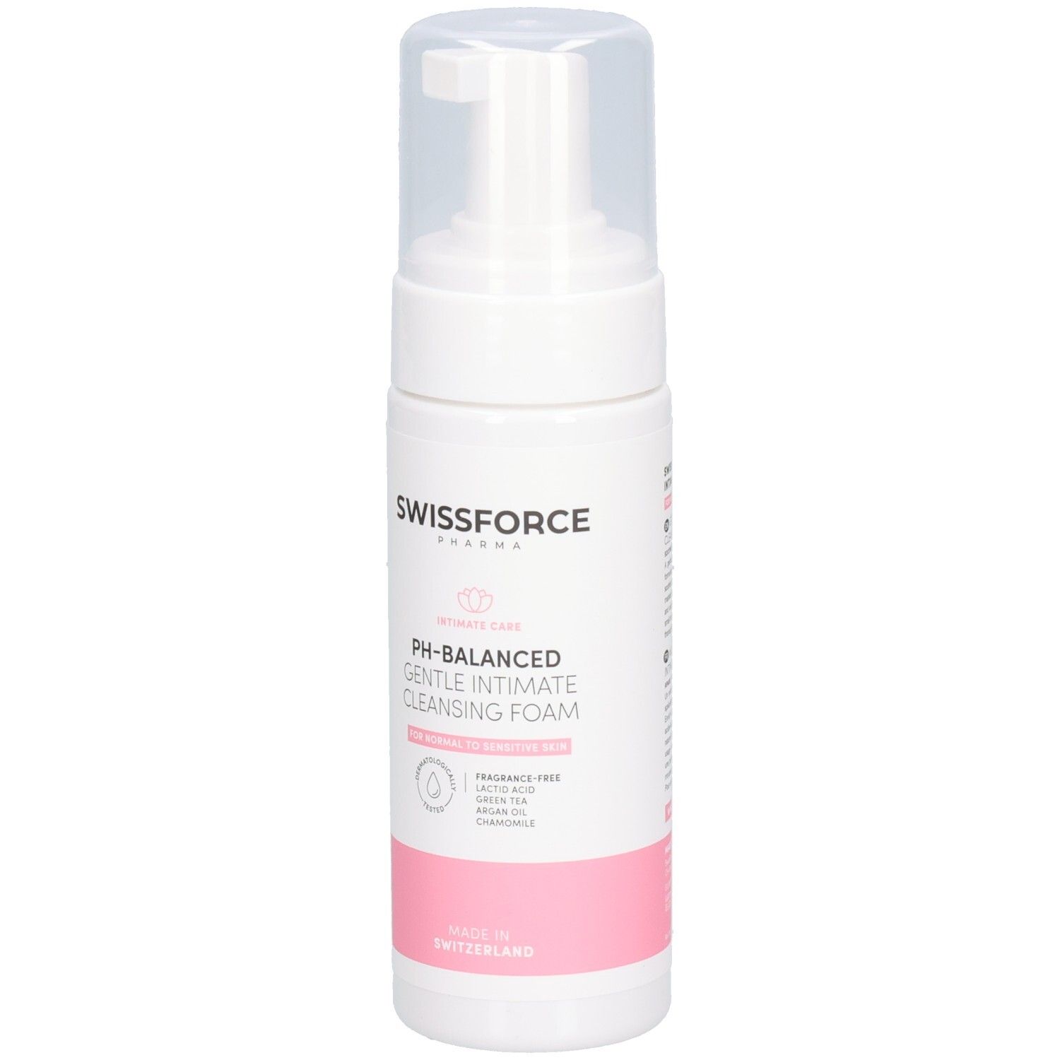 Flacon du gel nettoyant intime SWISSFORCE, vue de face.