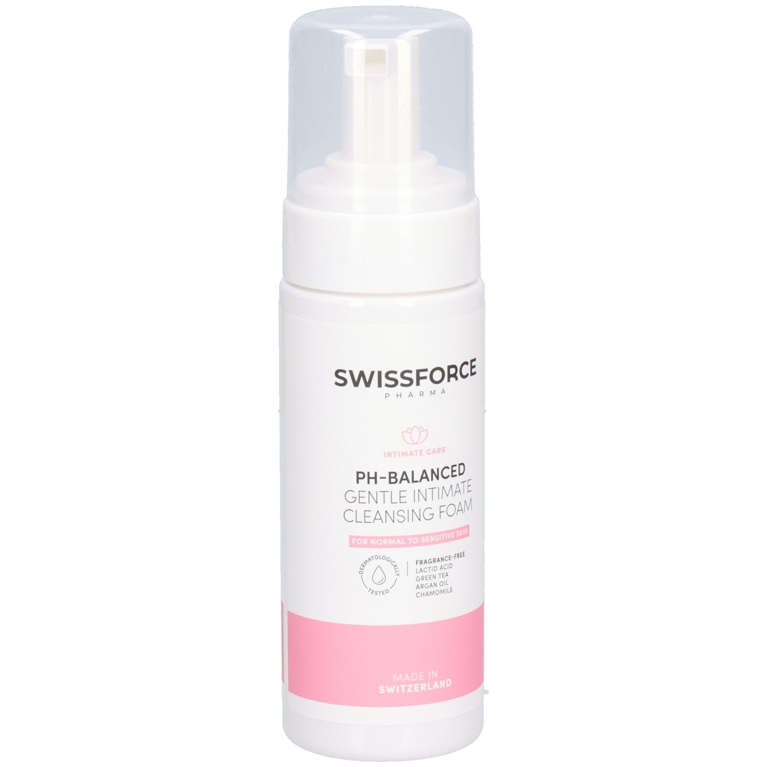 Flacon du gel nettoyant intime SWISSFORCE, légèrement en biais.