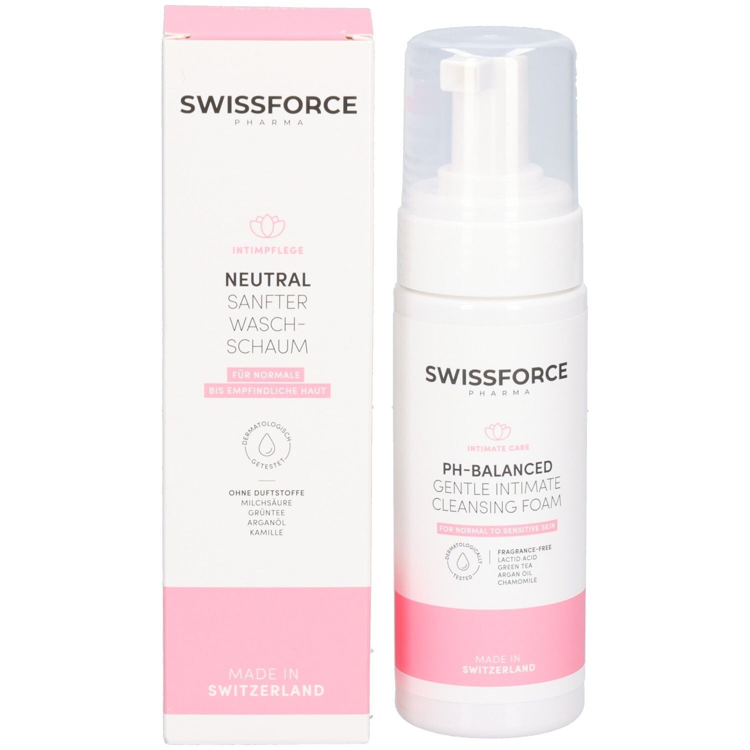 Flacon du gel nettoyant intime SWISSFORCE, vue latérale.