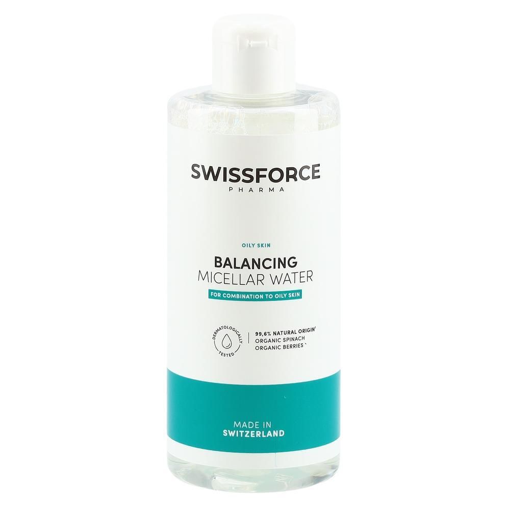 Flacon transparent avec bouchon blanc. Inscription: SWISSFORCE, Balancing Micellar Water. Bande turquoise avec texte. Fabriqué en Suisse.