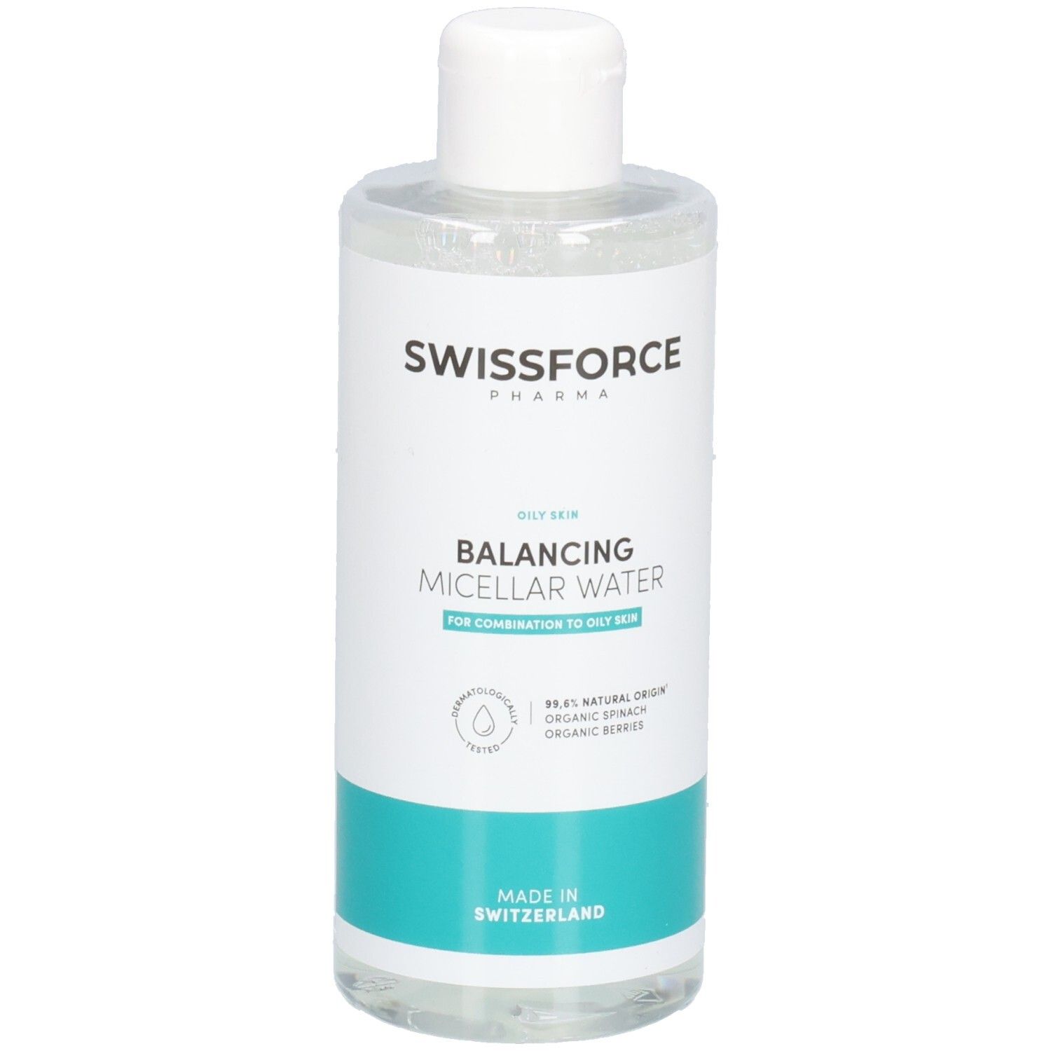 Flacon transparent avec bouchon blanc. Inscription: SWISSFORCE, Balancing Micellar Water. Bande turquoise avec texte. Fabriqué en Suisse.