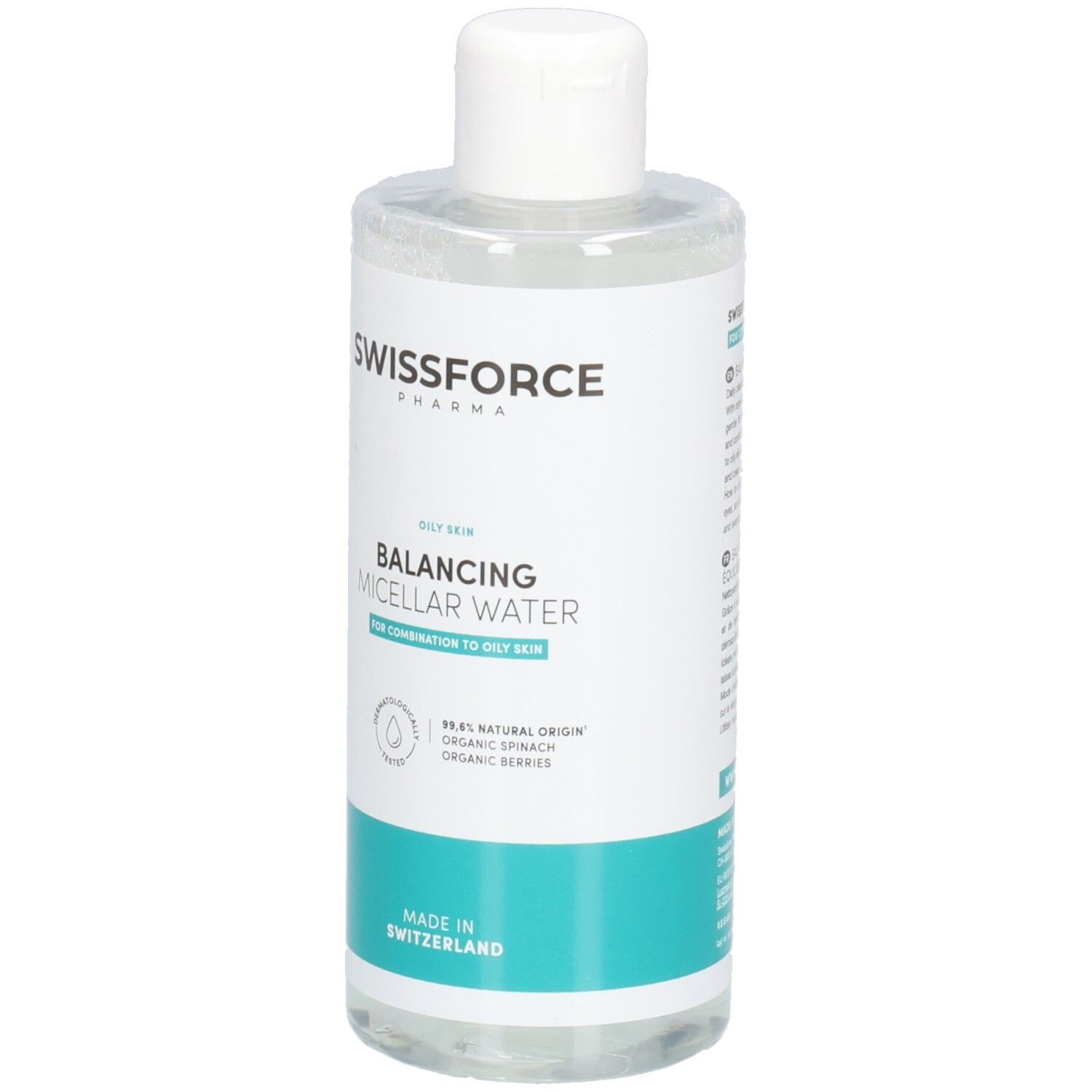 SWISSFORCE Eau micellaire équilibrante pour peaux grasses. Vue de face de la bouteille avec contenu clair et bouchon blanc.