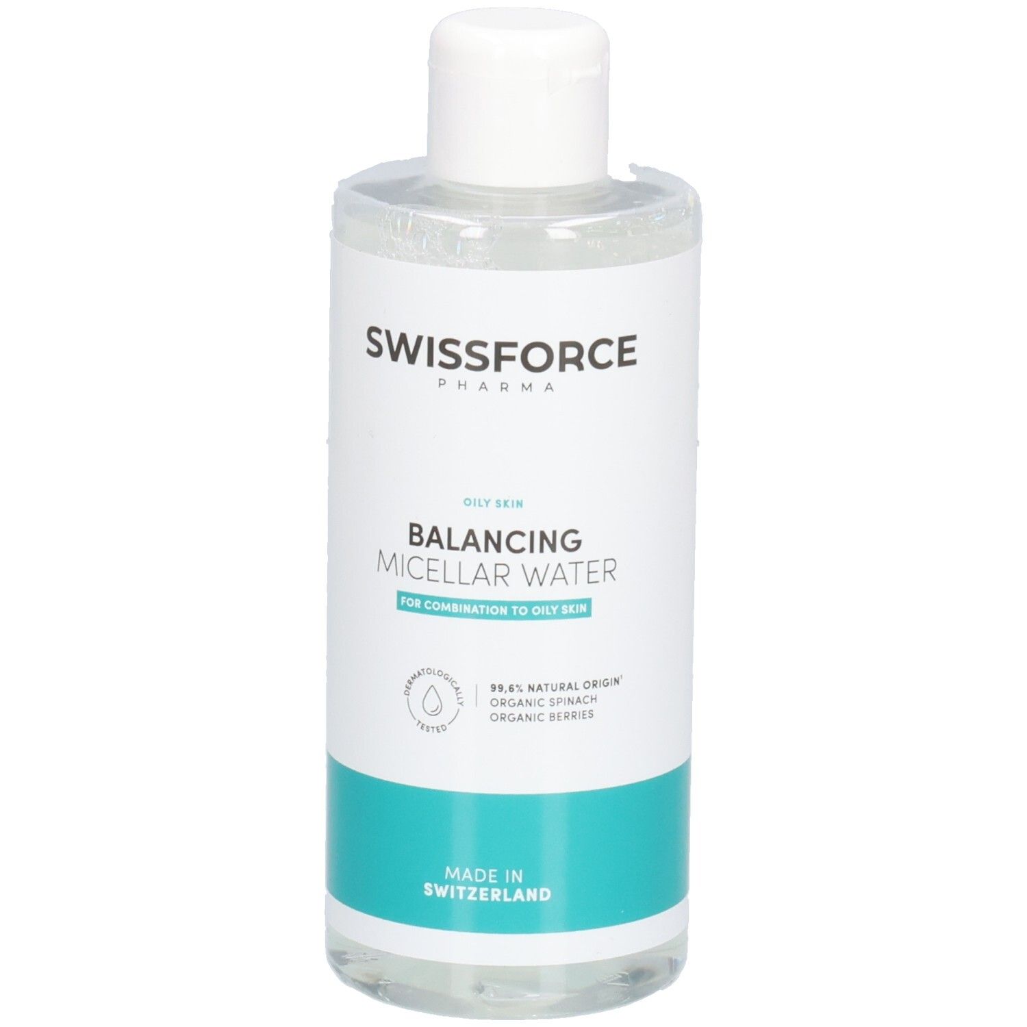 Flacon transparent avec bouchon blanc. Inscription: SWISSFORCE, Balancing Micellar Water. Bande turquoise avec texte. Fabriqué en Suisse.
