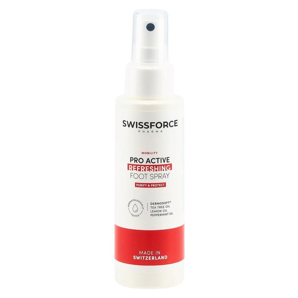 Spray blanc avec bande rouge. Inscription: SWISSFORCE, PRO ACTIVE REFRESHING FOOT SPRAY. Avec pulvérisateur.
