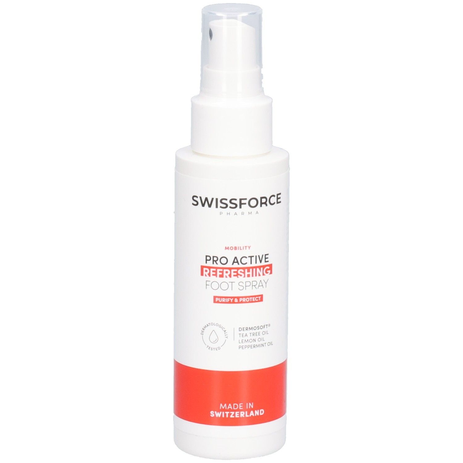 Spray blanc avec bande rouge. Inscription: SWISSFORCE, PRO ACTIVE REFRESHING FOOT SPRAY. Avec pulvérisateur.