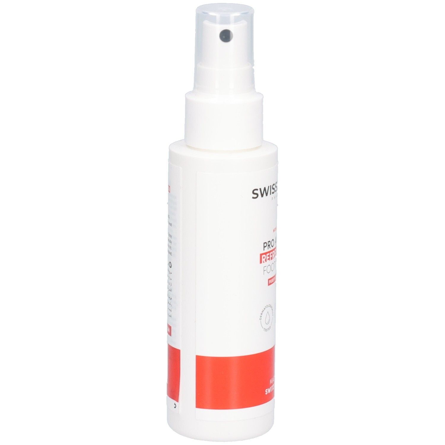 Spray blanc avec bande rouge. Inscription: SWISSFORCE, PRO ACTIVE REFRESHING FOOT SPRAY. Avec pulvérisateur.