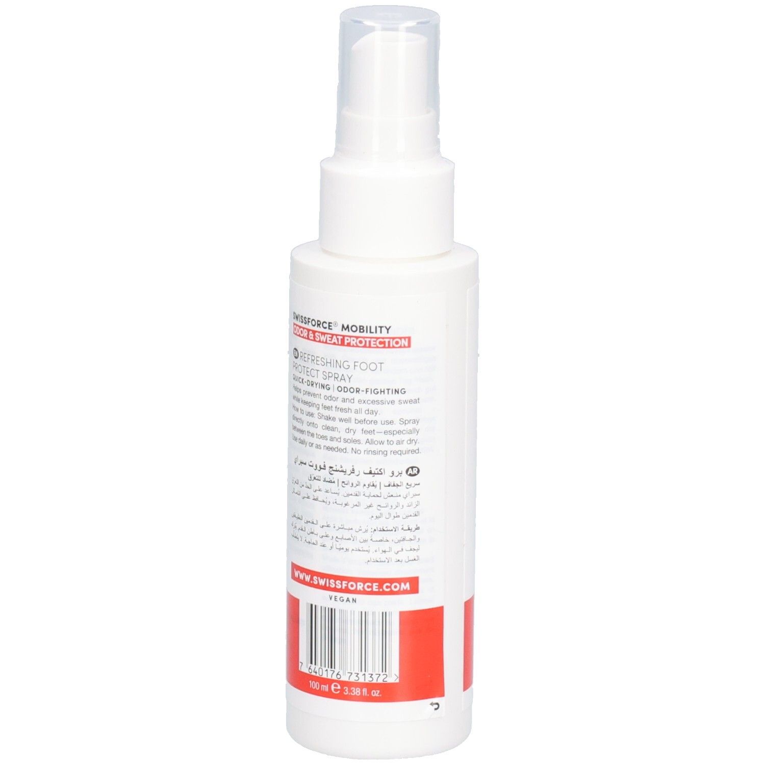 Arrière d'un flacon spray blanc avec bande rouge. "Pro Active Refreshing Foot Spray".