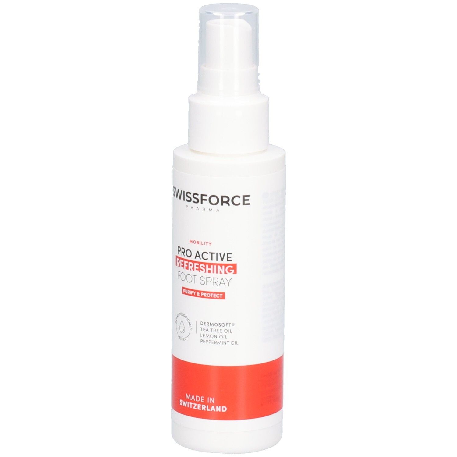 Spray blanc avec bande rouge. Inscription: SWISSFORCE, PRO ACTIVE REFRESHING FOOT SPRAY. Avec pulvérisateur.