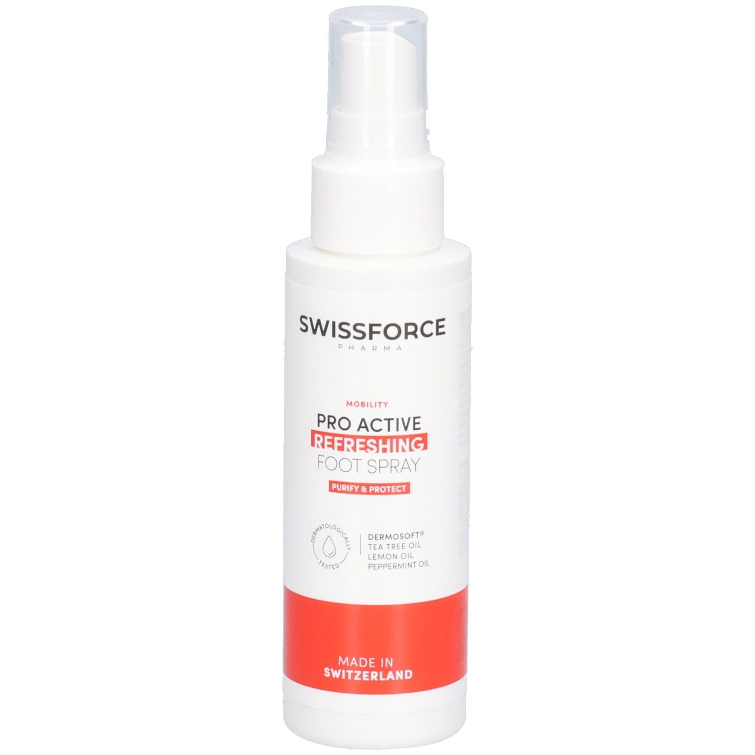 Spray blanc avec bande rouge. Inscription: SWISSFORCE, PRO ACTIVE REFRESHING FOOT SPRAY. Avec pulvérisateur.