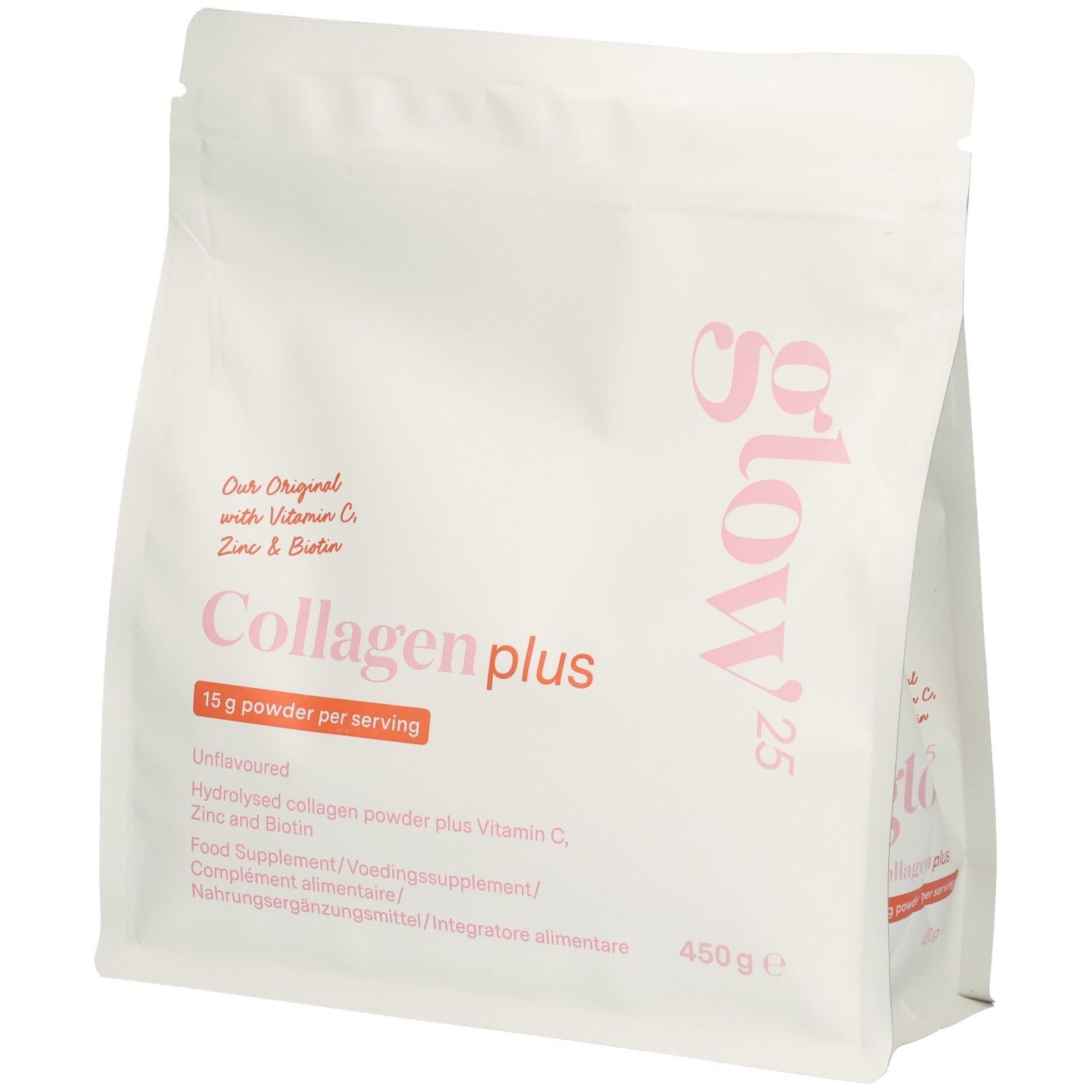 Poudre Glow25 Collagène Plus dans un emballage blanc refermable. Contient 450g.