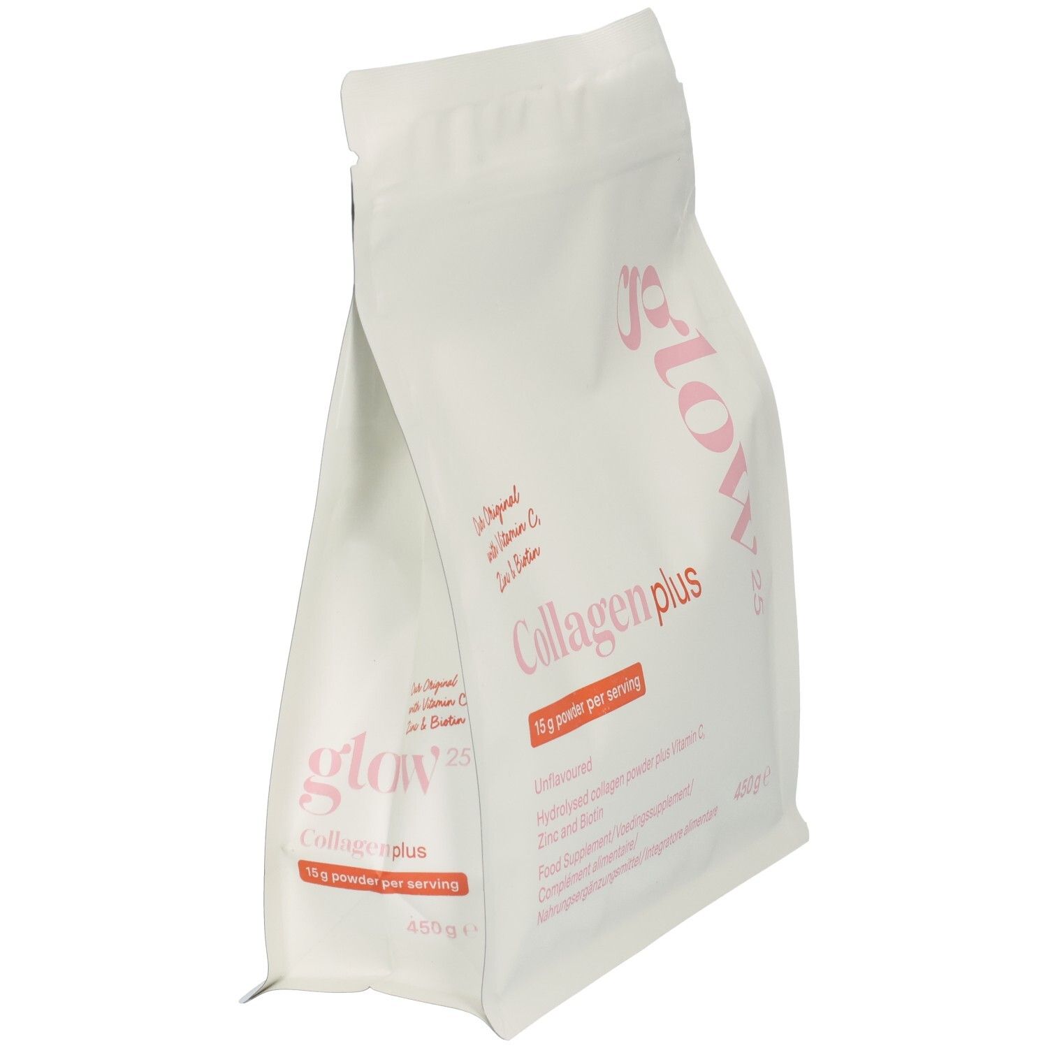 Poudre Glow25 Collagène Plus, vue latérale de l'emballage blanc refermable. Contient 450g.