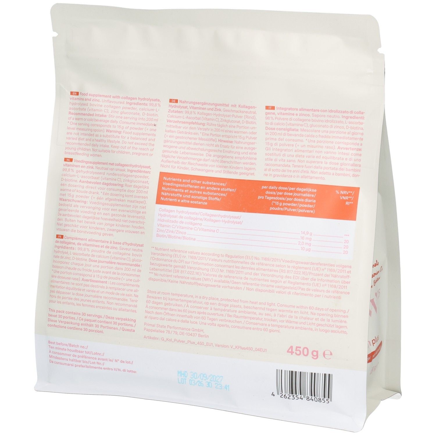 Arrière de l'emballage de poudre Glow25 Collagène Plus avec informations nutritionnelles et produit.