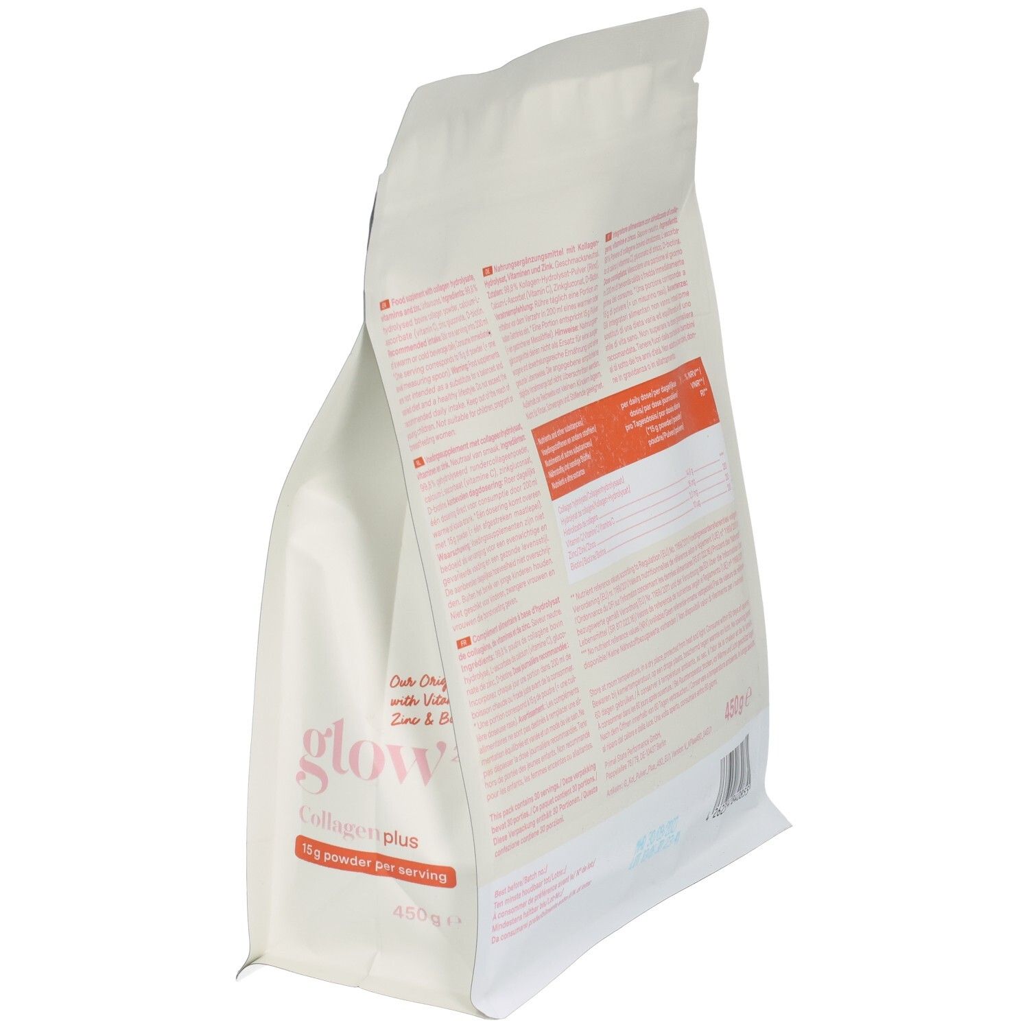 Poudre Glow25 Collagène Plus, vue latérale oblique de l'emballage blanc refermable. Contient 450g.