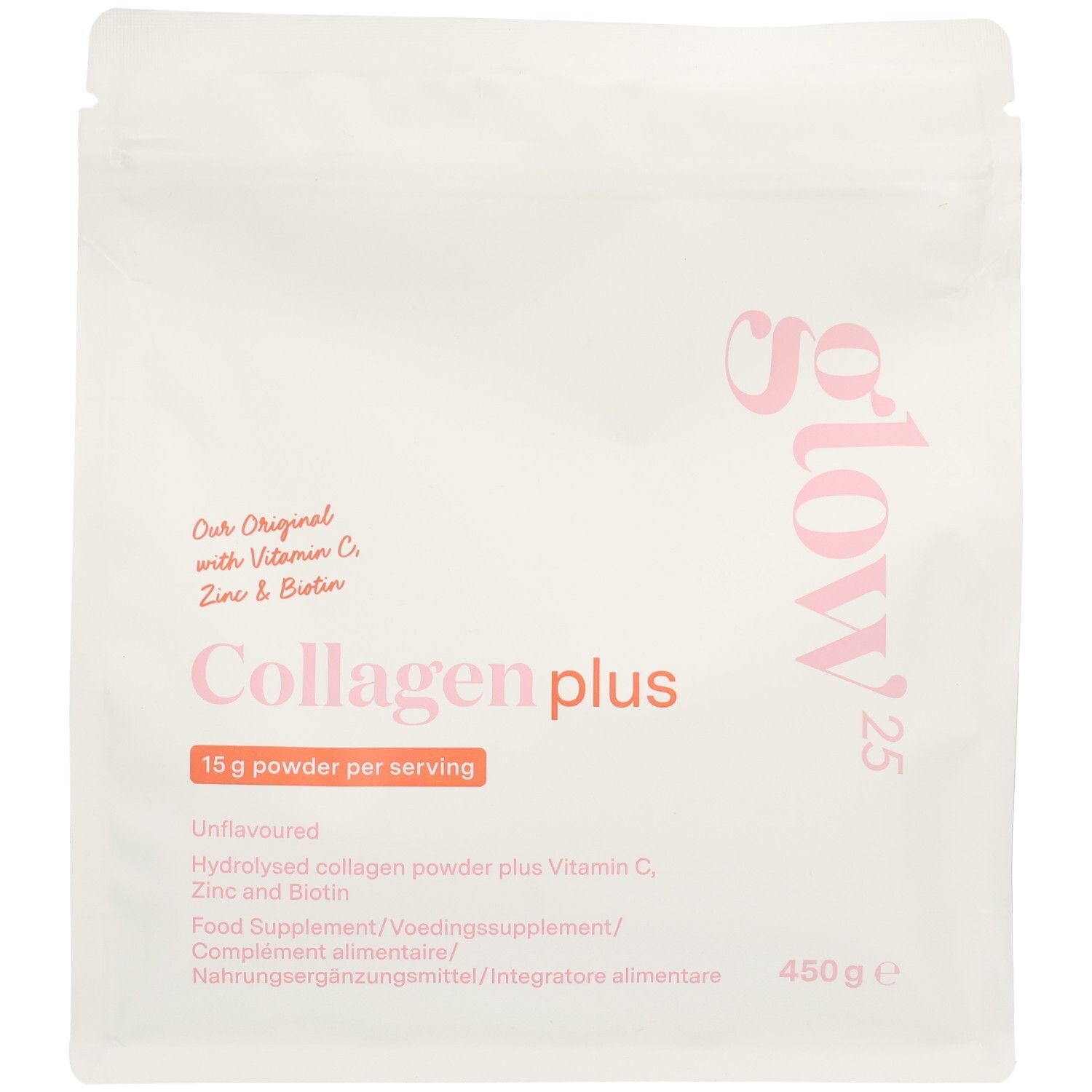 Poudre Glow25 Collagène Plus dans un emballage blanc refermable. Contient 450g.