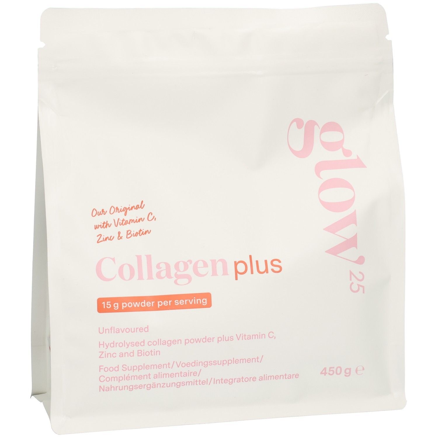 Poudre Glow25 Collagène Plus dans un emballage blanc refermable. Contient 450g.