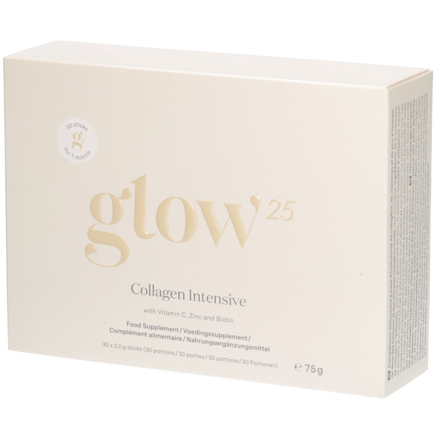 Emballage Glow25 Bâtonnets Collagène Intensif, 75g, avec Vitamine C, Zinc et Biotine.