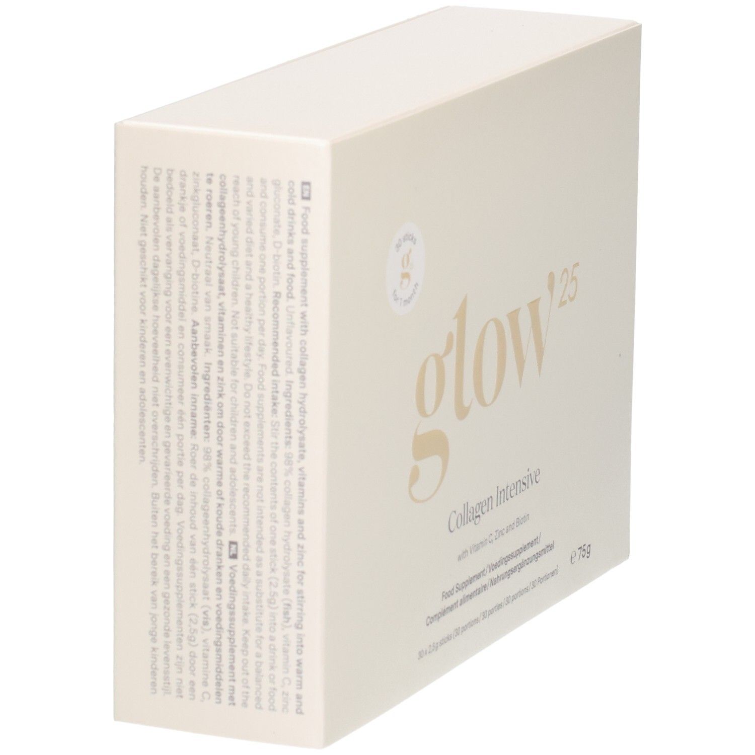 Emballage Glow25 Bâtonnets Collagène Intensif avec informations détaillées sur l'application sur le côté.