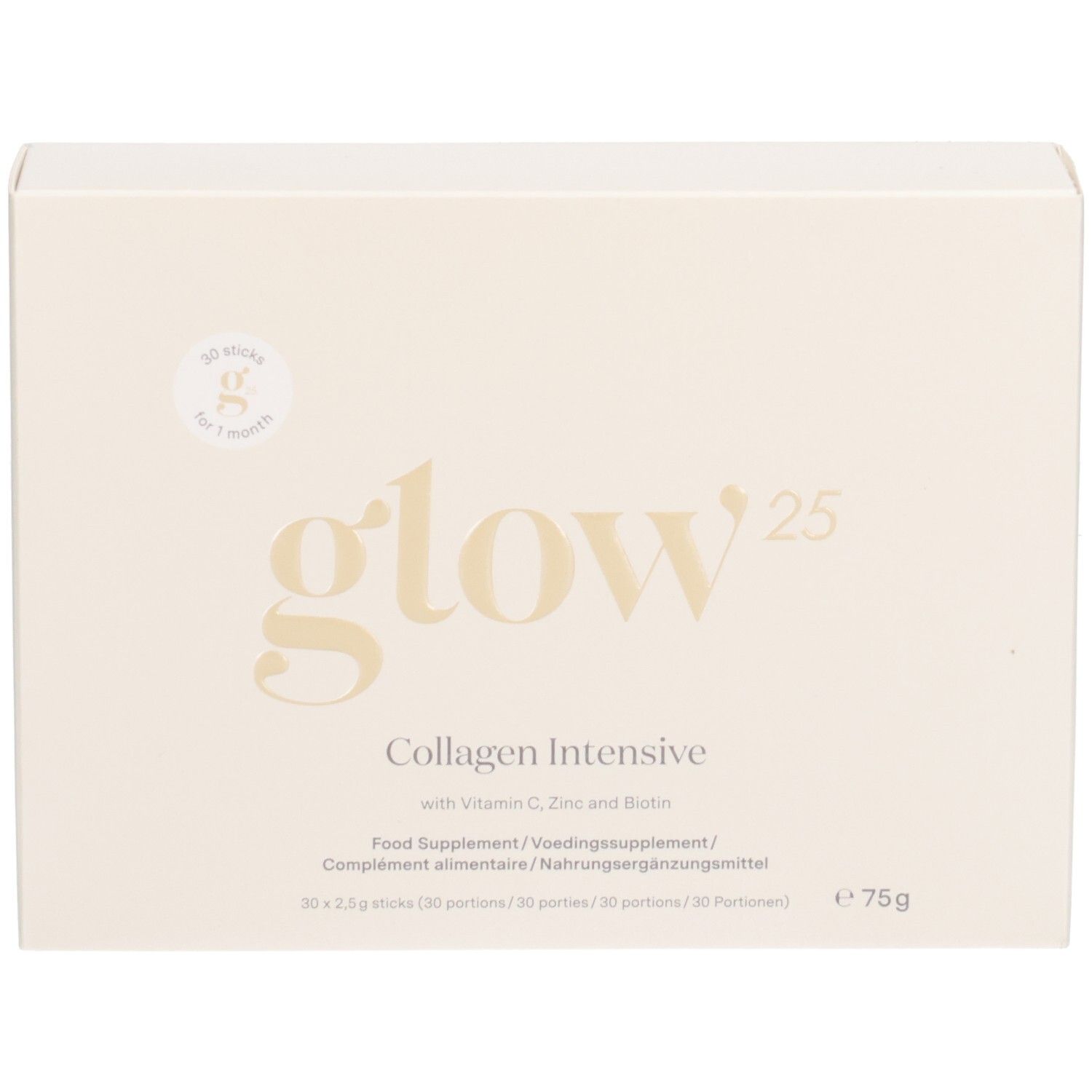 Emballage Glow25 Bâtonnets Collagène Intensif, 75g, avec Vitamine C, Zinc et Biotine.