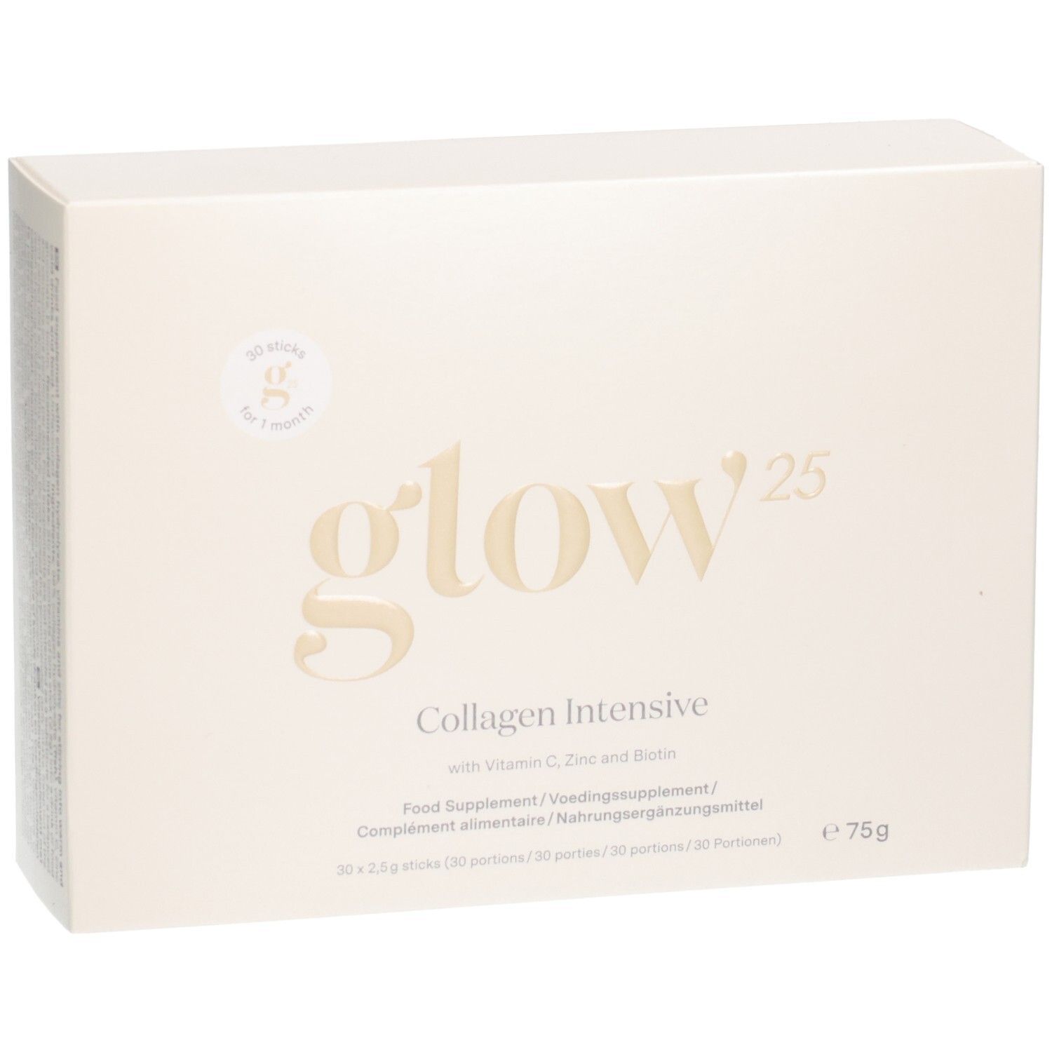 Emballage Glow25 Bâtonnets Collagène Intensif, 75g, avec Vitamine C, Zinc et Biotine.