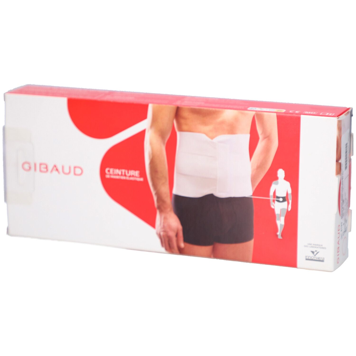 Boîte rouge avec ceinture abdominale blanche. Inscription : SOIN DOS, CEINTURE ABDOMINALE ÉLASTIQUE. Marque : Gibaud.