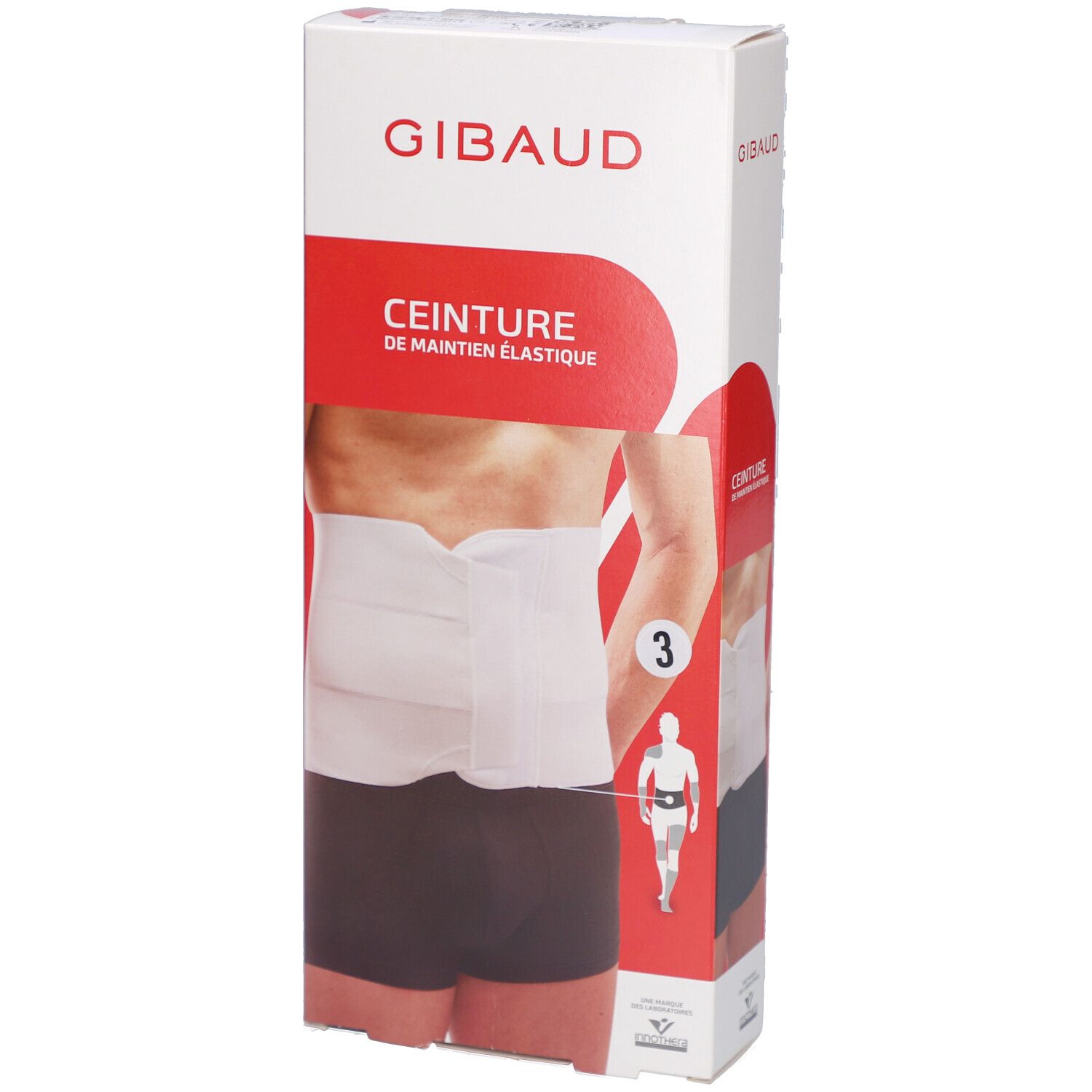 Boîte rouge avec ceinture abdominale blanche. Inscription : SOIN DOS, CEINTURE ABDOMINALE ÉLASTIQUE. Taille 3.