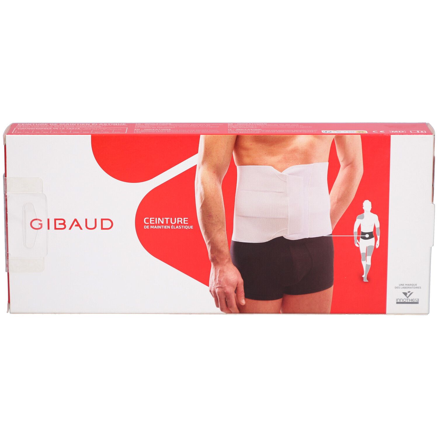 Boîte rouge avec ceinture abdominale blanche. Inscription : SOIN DOS, CEINTURE ABDOMINALE ÉLASTIQUE. Marque : Gibaud.