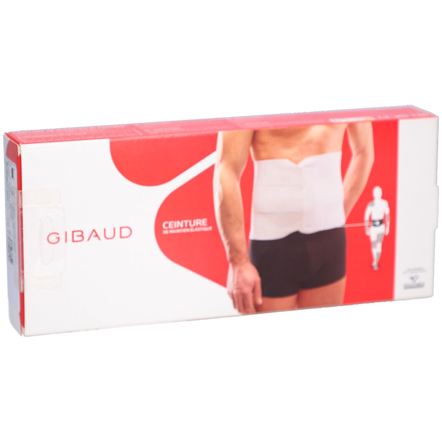 Boîte rouge avec ceinture abdominale blanche. Inscription : SOIN DOS, CEINTURE ABDOMINALE ÉLASTIQUE. Marque : Gibaud.