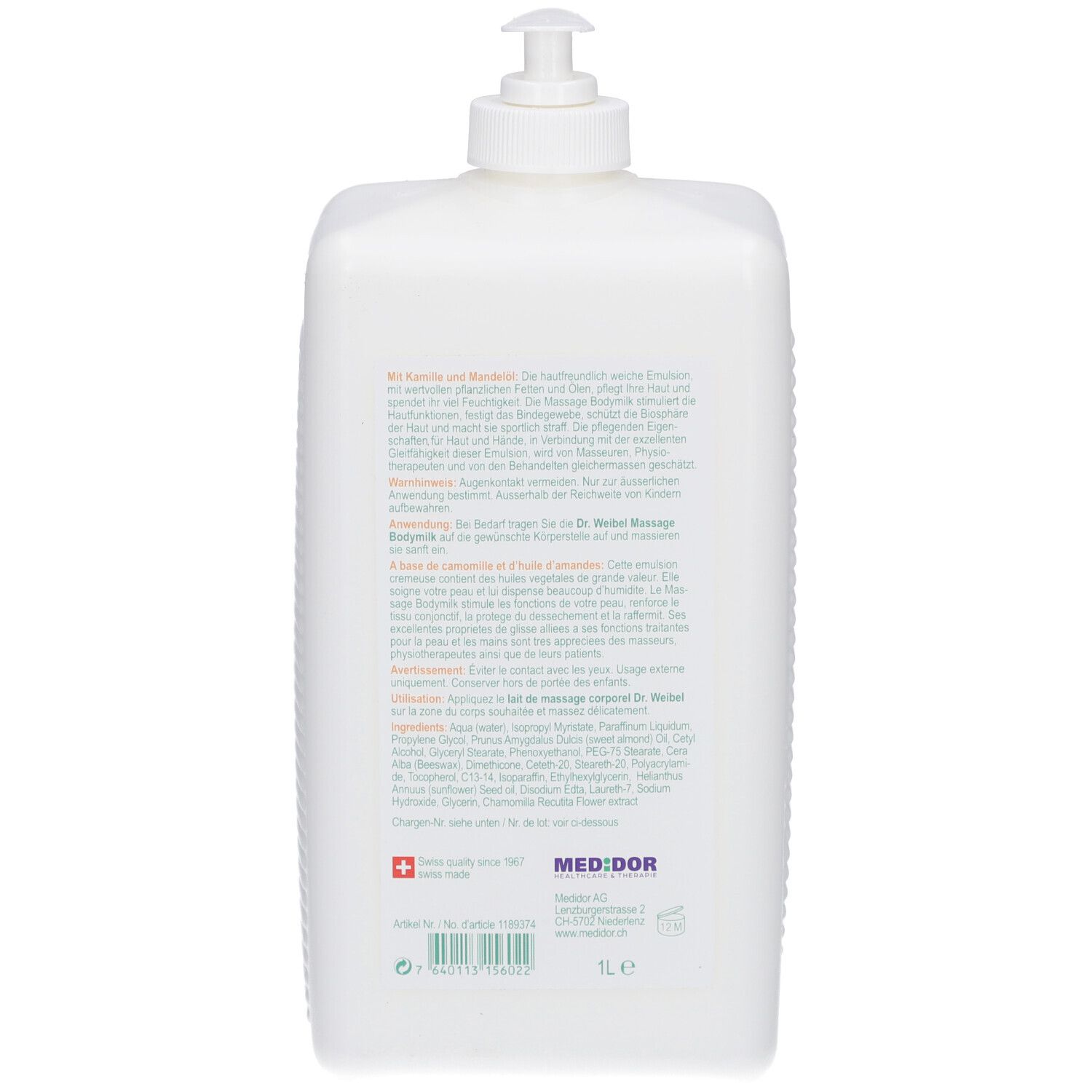 Dos du flacon blanc. Texte multilingue. Croix suisse. Inscription: MED:DOR.