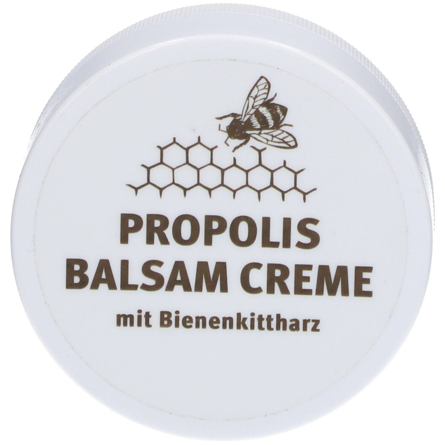 Pot blanc avec impression marron : abeille, nid d'abeille, PROPOLIS BALSAM CREME, avec propolis.