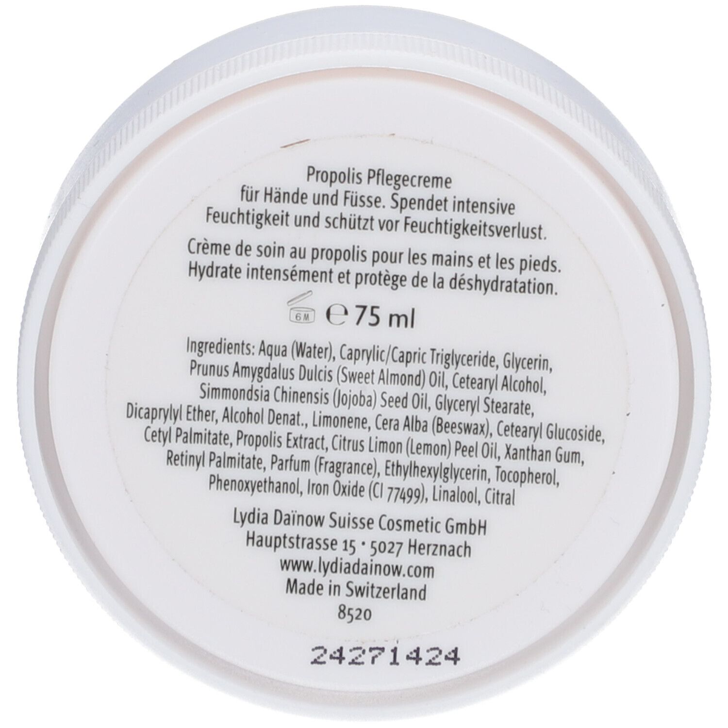 Fond de pot blanc avec texte : Propolis Pflegecreme, pour les mains et les pieds, ingrédients, 75 ml, Lydia Dainow.