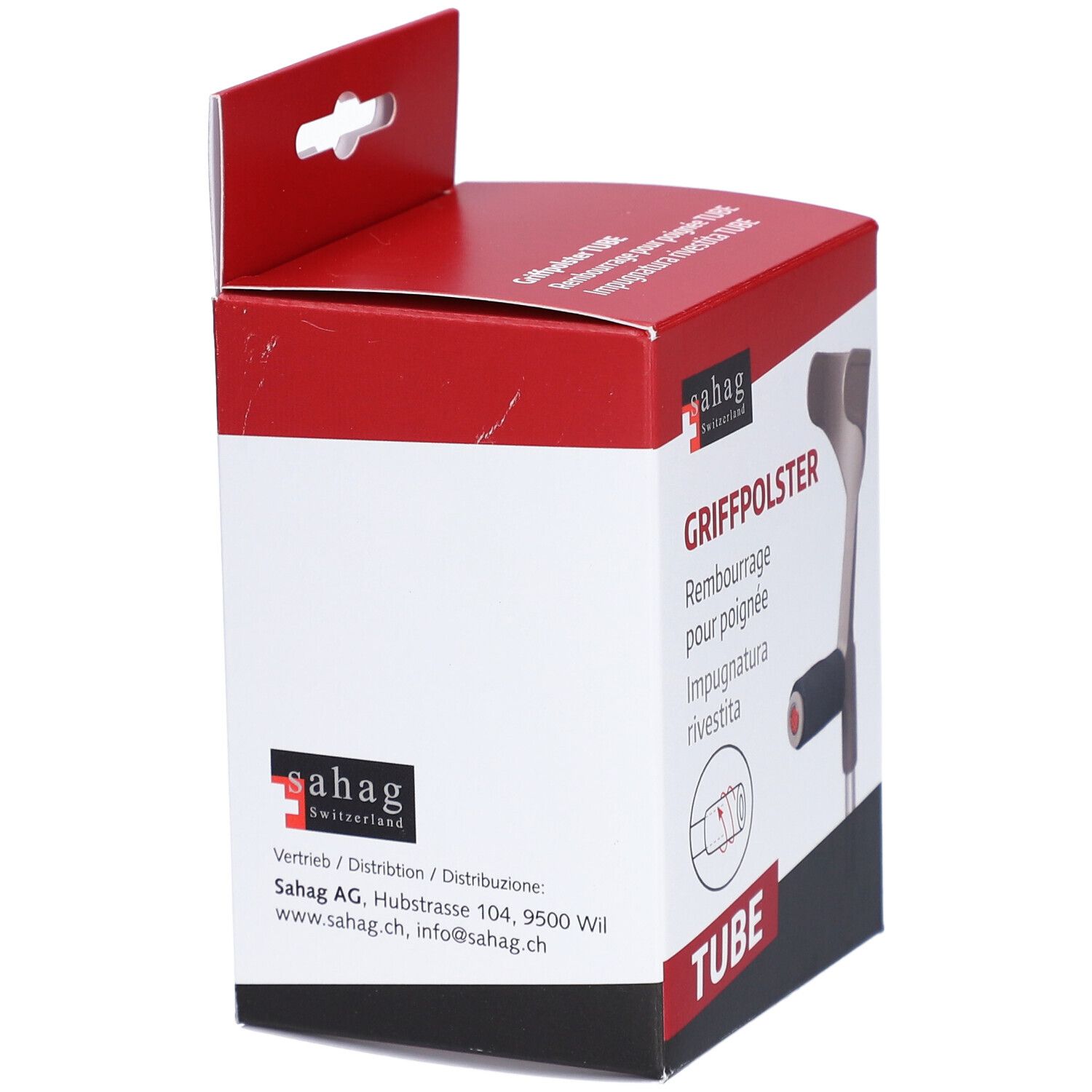 Boîte rouge et blanche avec rembourrage pour poignée de béquille. Logo et texte. Marque : sahag.