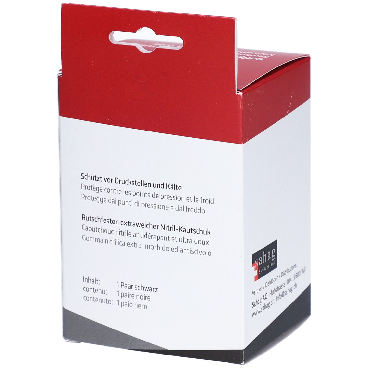 Dos de la boîte avec texte. Protège des points de pression et du froid. Caoutchouc nitrile antidérapant. Marque : sahag.