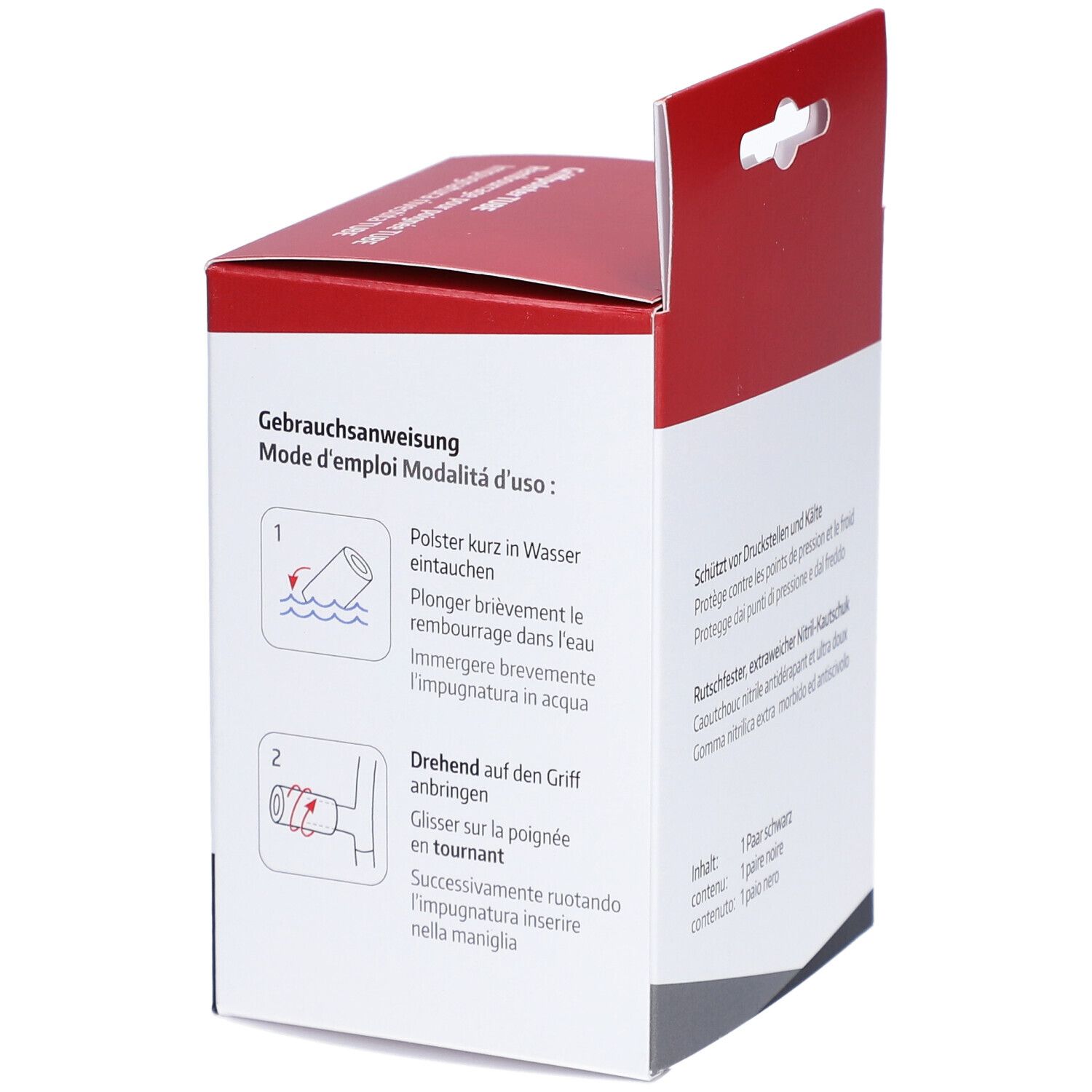 Dos de la boîte avec mode d'emploi. Immerger dans l'eau. Appliquer sur la poignée. Marque : sahag.