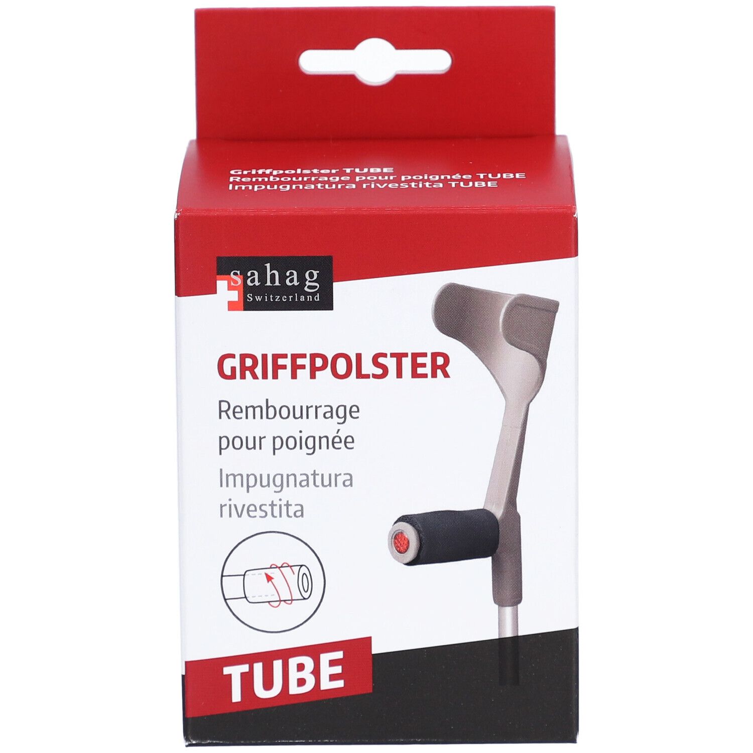 Boîte rouge et blanche avec rembourrage pour poignée de béquille. Image du produit et texte. Marque : sahag.